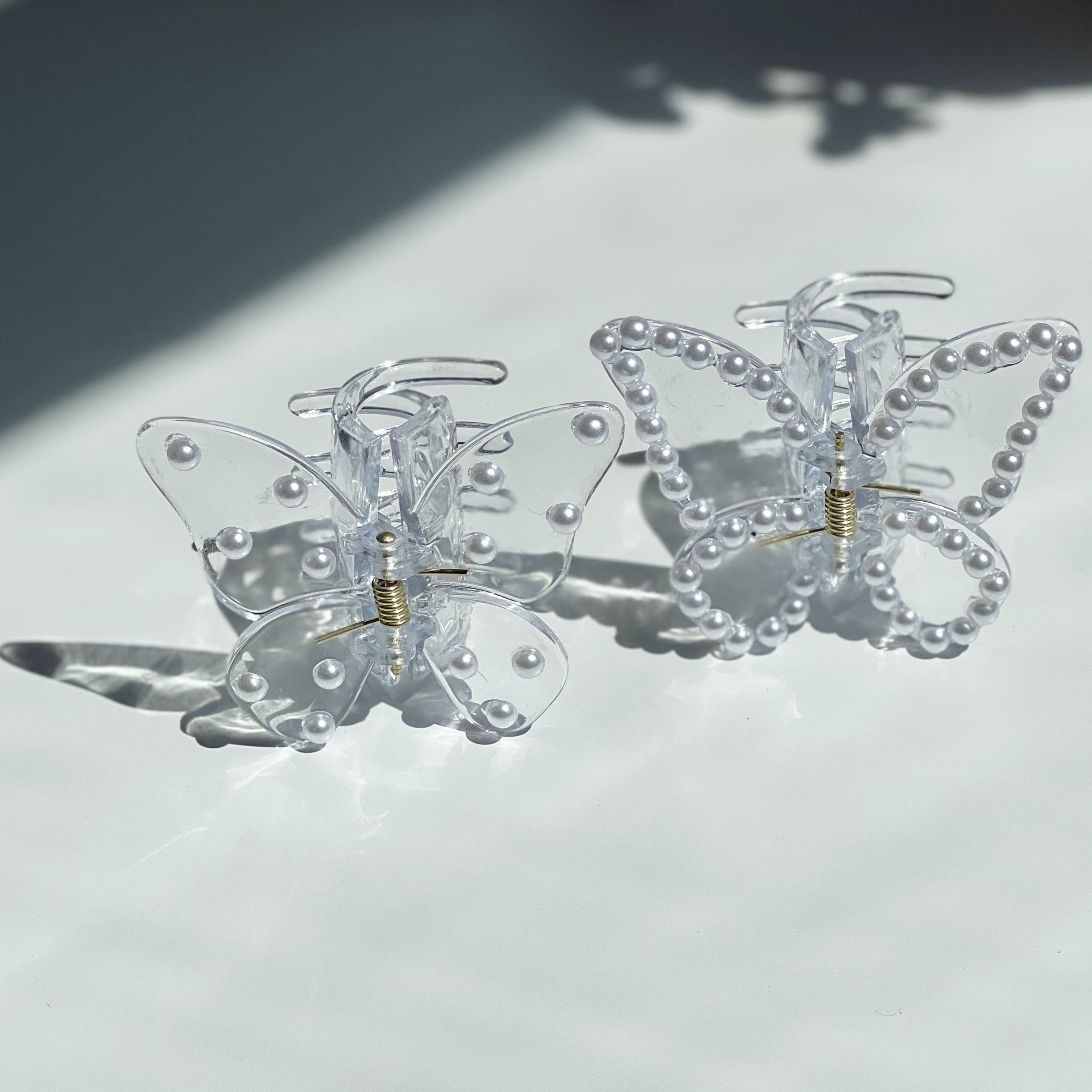 2PCS Acrylic Crystal Butterfly Hair Clips with Pearls - Strong Hold Hair Accessories for Women, Perfect for Weddings & Parties