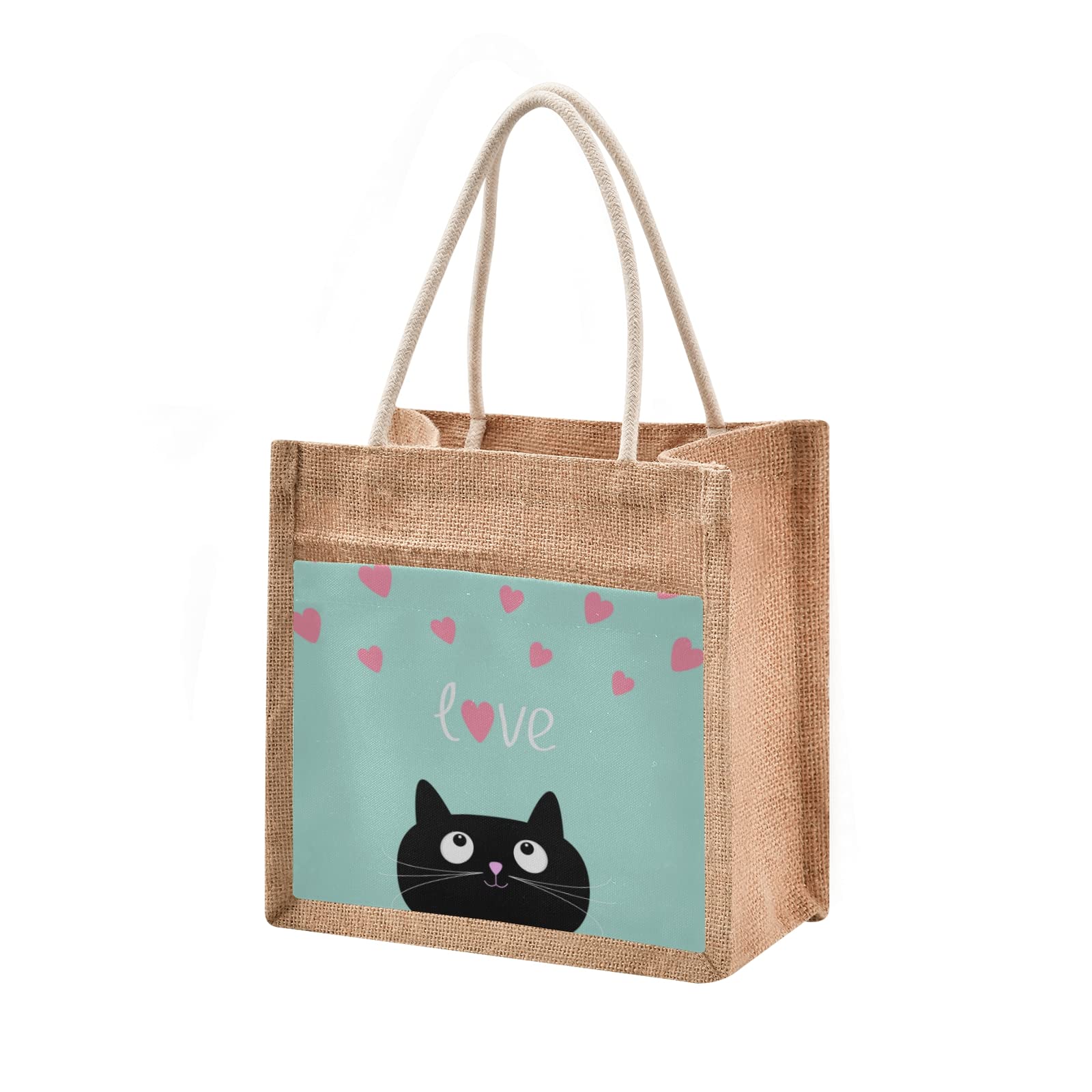 ALAZA Cat Heart Jute Tote Bag - Reusable Grocery & Beach Bag for Pet Lovers