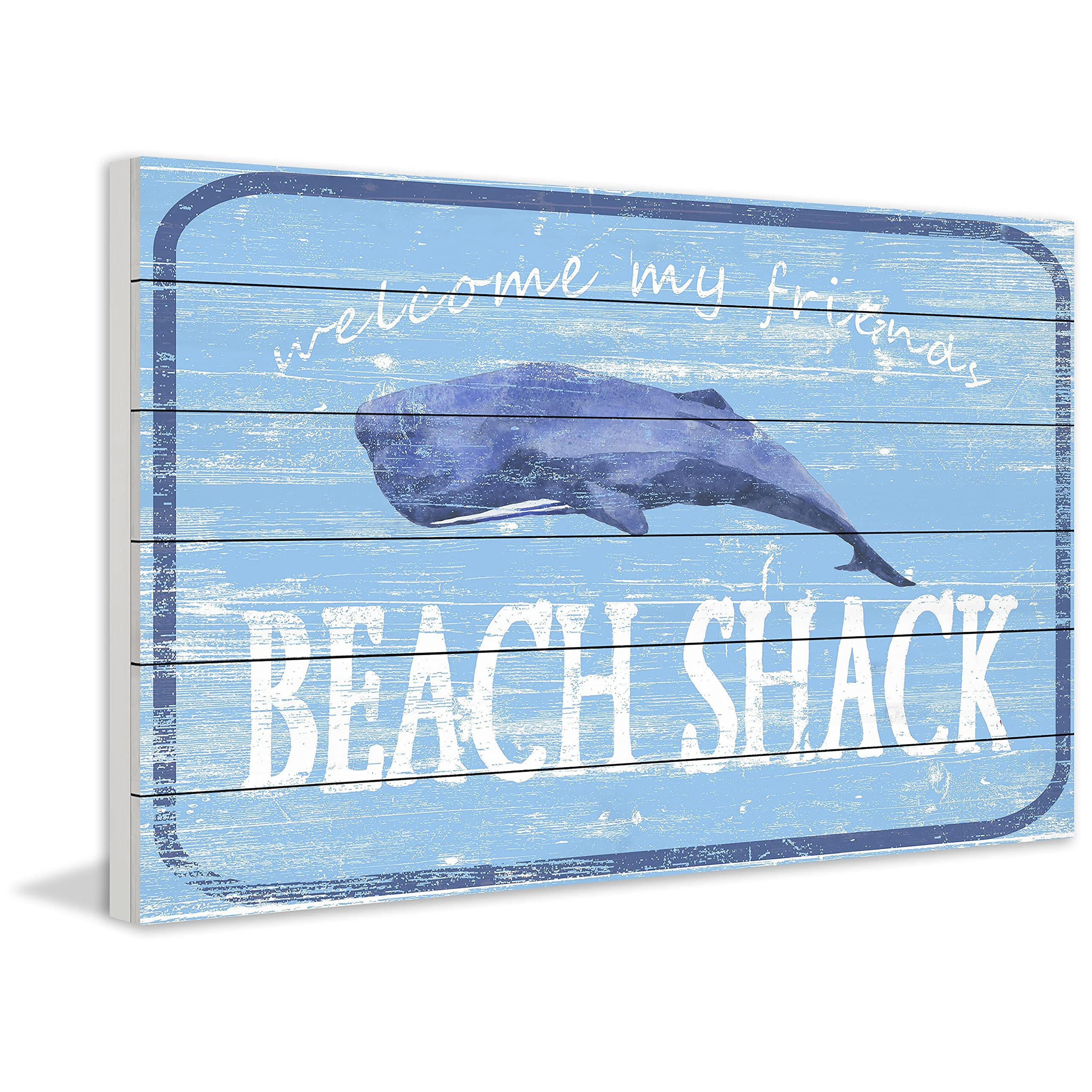 Handmade Beach Shack Painting Print on White Wood - 24x16 Inch Coastal Wall Art Decor for Living Room, Bedroom & Beach House