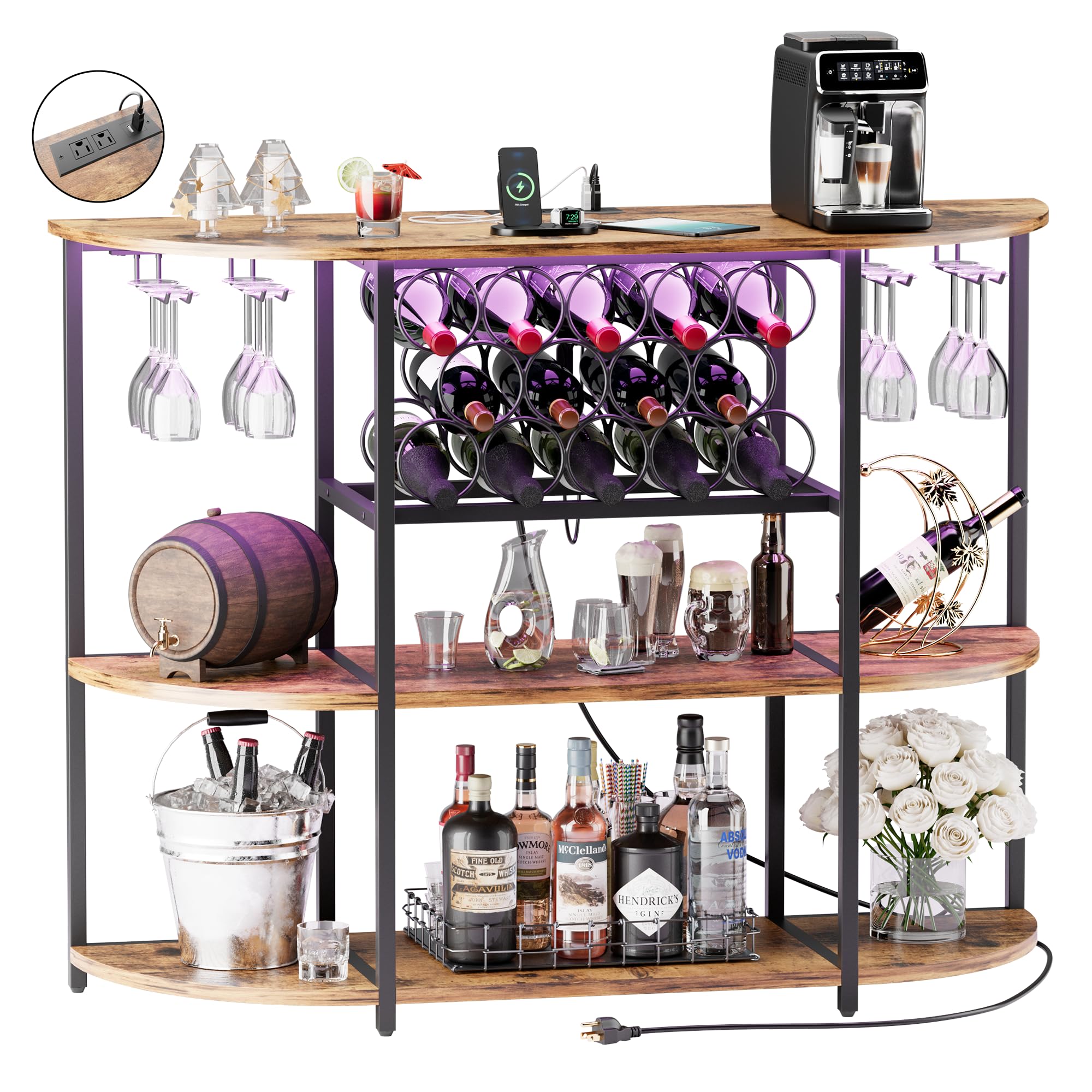 VICTONE Freestanding Wine Bar Cabinet with LED Lights & Power Outlets - Modern Liquor Storage with Glass Holder & Wine Rack - Perfect for Home, Kitchen, Dining Room - Ideal for Entertaining Guests & Displaying Your Wine Collection