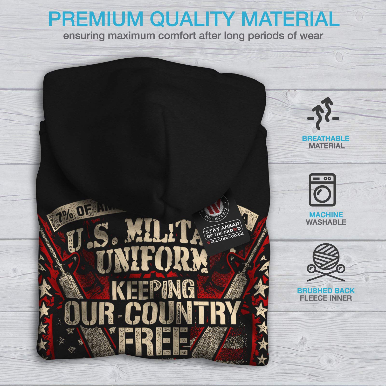 Wellcoda USA Military Men's Hoodie - Army America Printed Pullover Sweatshirt for Outdoor, Hiking & Casual Wear