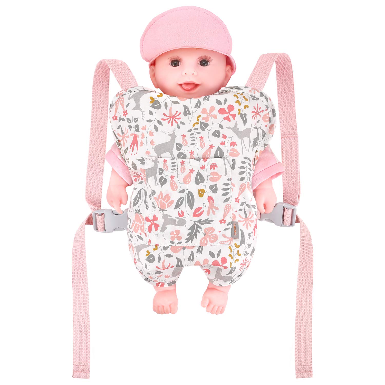 GAGAKU 18-inch Baby Doll Carrier for Reborn Dolls - Pink Reindeer Design, Soft & Adjustable Doll Sling for Little Girls | Perfect for Pretend Play, Daycare & Travel Accessories