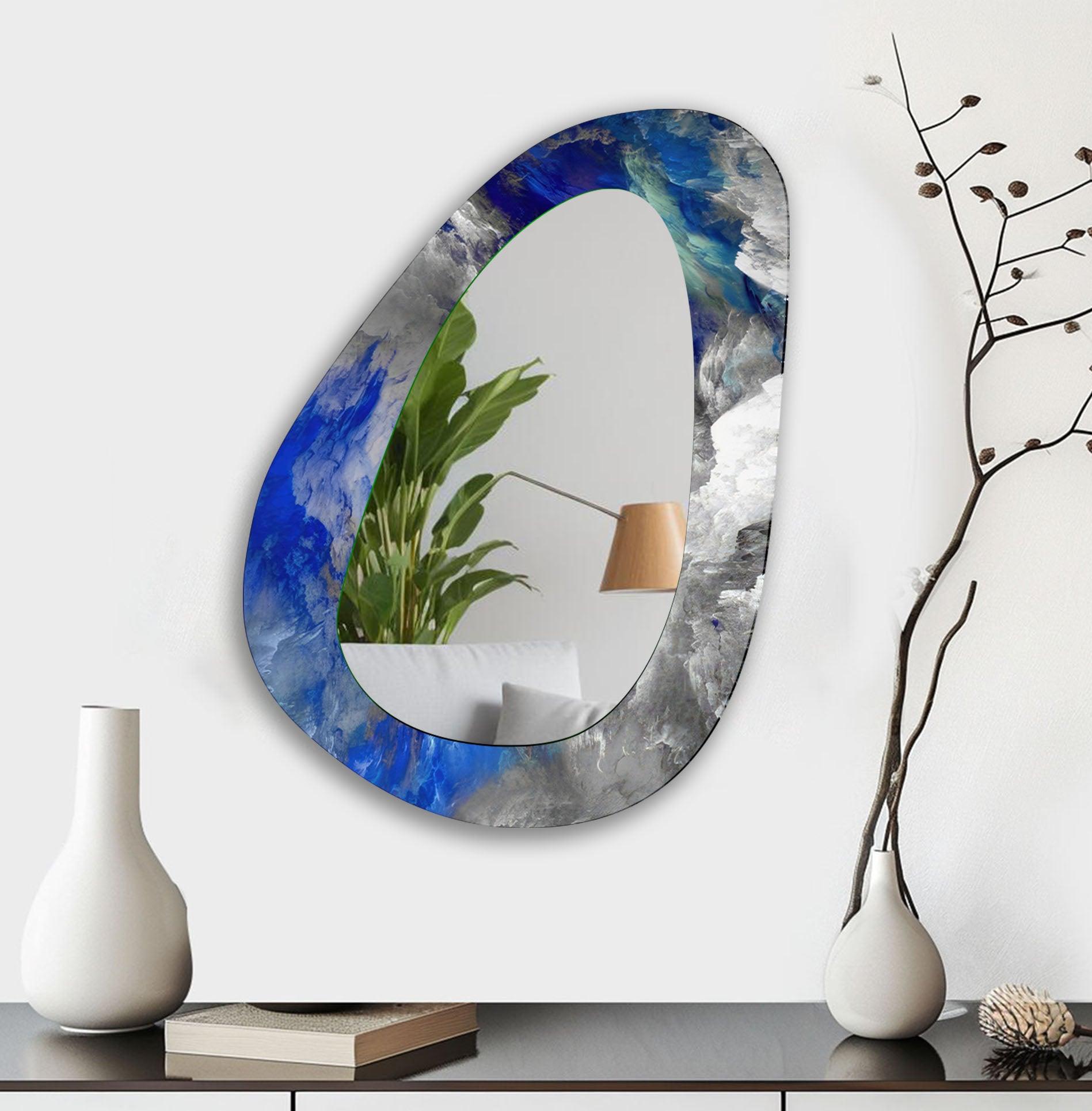 Blue Abstract Asymmetrical Glass Wall Mirror - Modern Decorative Mirror for Living Room, Bedroom, Entryway - Unique Home Decor & Stylish Wall Art