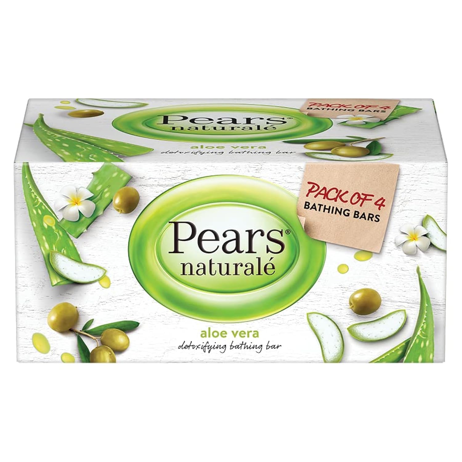 Pears Naturalé Aloe Vera Detoxifying Soap Bar - 125g (4 Pack) - Gentle Cleansing for Sensitive Skin, Acne & Body Care - Perfect for Daily Use, Travel & Gym