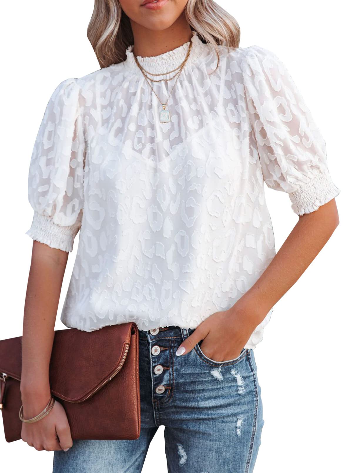 Dokotoo Women's Summer Mock Neck Leopard Print Lace Blouse - Half Sleeve Chiffon Top for Casual Wear, Office Outfits & Date Night Fashion