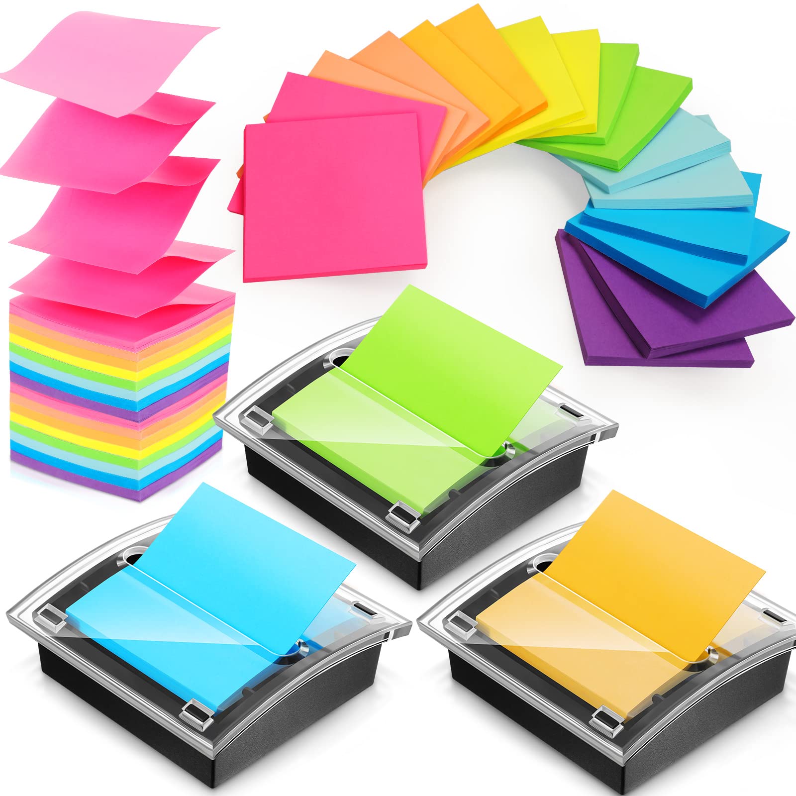Meanplan 3-Pack Pop-Up Sticky Note Dispenser with 24 Colorful Refill Pads - 3x3 Inch Blank Self-Stick Memo Notes, Black Base Holder - Perfect for Office, School & Home Organization (50 Sheets per Pad)