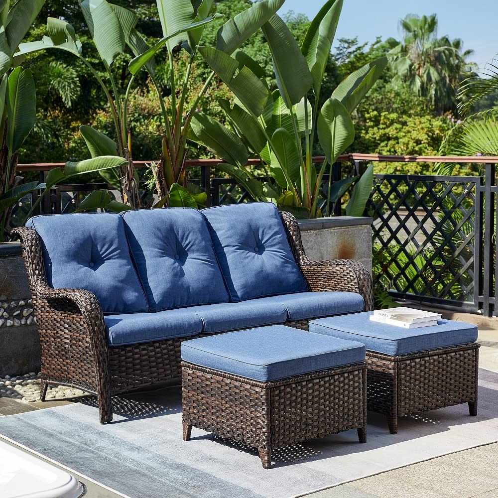 HUMMUH 3-Piece All-Weather Wicker Patio Furniture Set - Outdoor Sectional Sofa with Manual Weaving Rattan & High Curved Back - Includes Ottomans - Perfect for Backyard, Poolside & Garden Relaxation