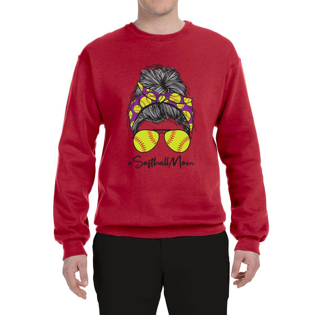 Wild Bobby Messy Bun Softball Mom Graphic Sweatshirt - Unisex Crewneck for Sports Lovers | Perfect for Game Day, Mother's Day & Casual Wear
