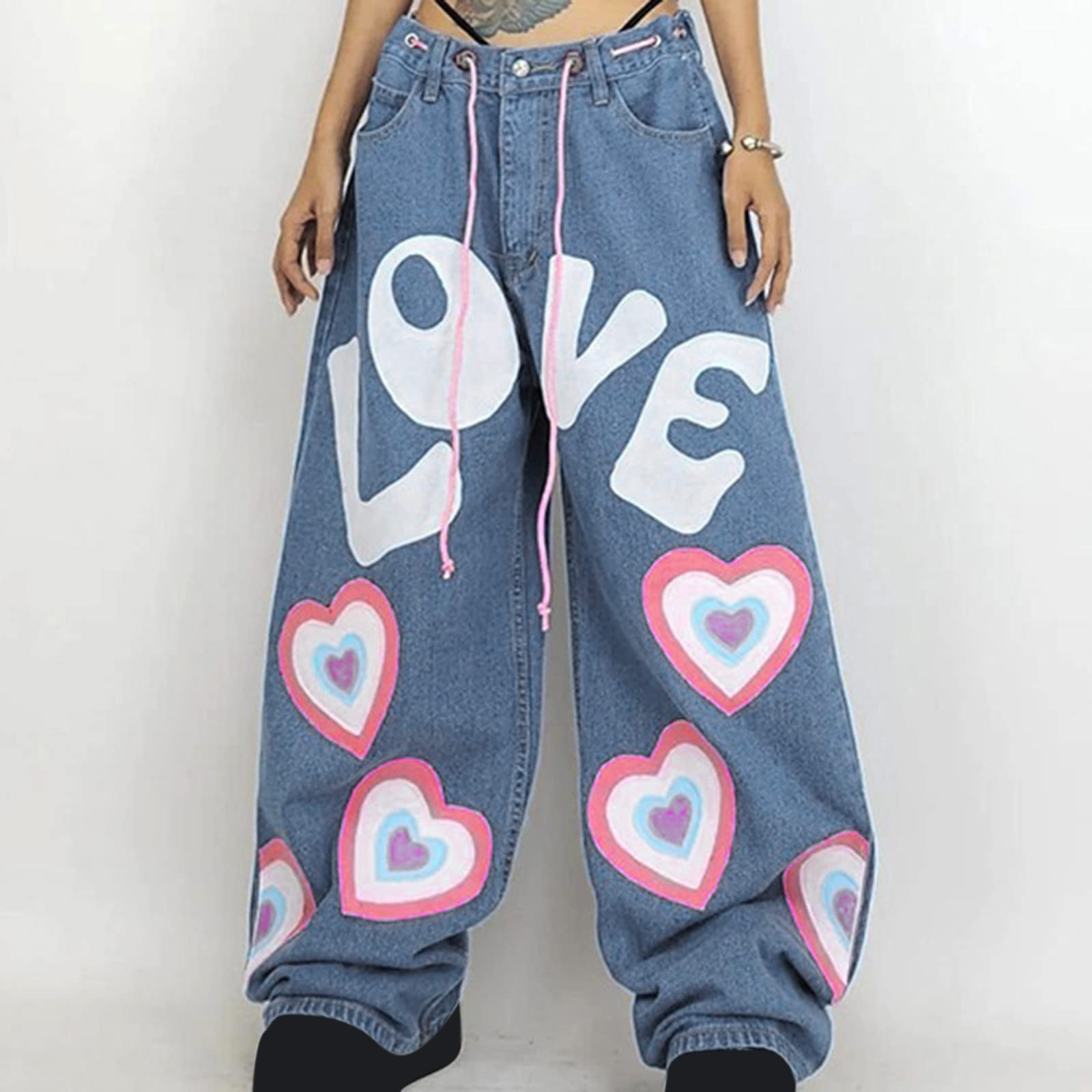 SMIDOW Women's High Waisted Star & Heart Print Denim Jeans - Y2K Vintage Straight Leg Baggy Cargo Pants for Casual Wear & Street Style Fashion
