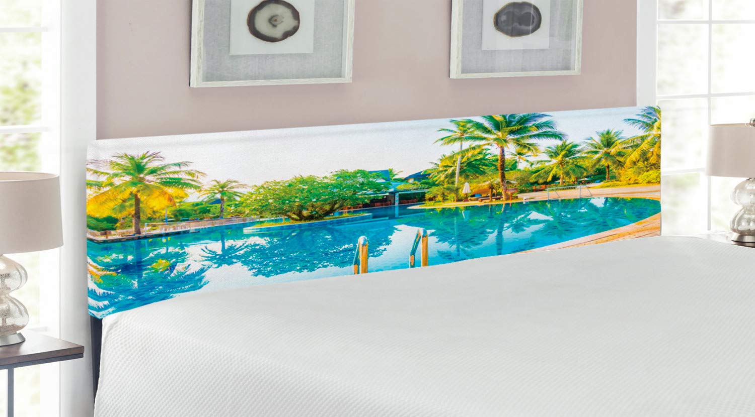 Ambesonne King Size Upholstered Metal Headboard with Memory Foam - Blue Green Cream Landscape Design Featuring Poolside Umbrella & Chair Scene | Perfect for Bedroom Decor, Guest Rooms & Vacation Home Styling
