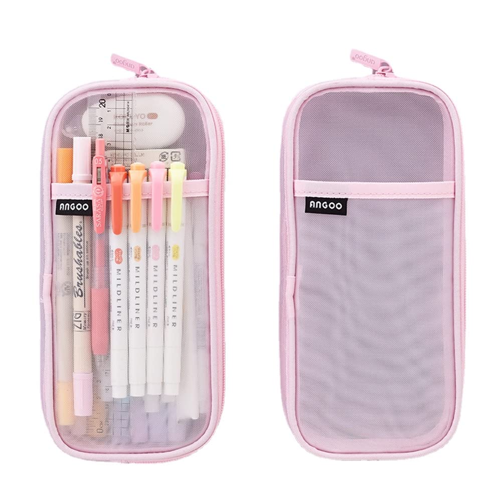 Mesh Zipper Pencil Case - Large Clear Makeup Pouch & Travel Organizer Bag for School, Office, Teens & Adults - Multi-Purpose Cosmetic Storage & Stationery Holder (Pink) - Perfect for Backpack, Desk & Travel Essentials Organization