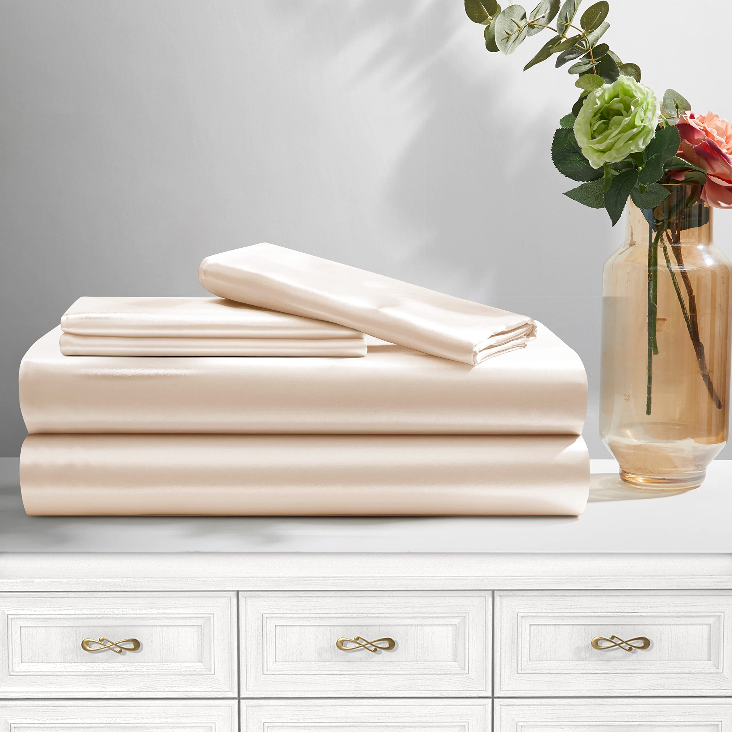 Entisn 5-Piece Extra Deep Pocket Satin Sheet Set for Queen Size Bed (Fits Mattress Up to 24