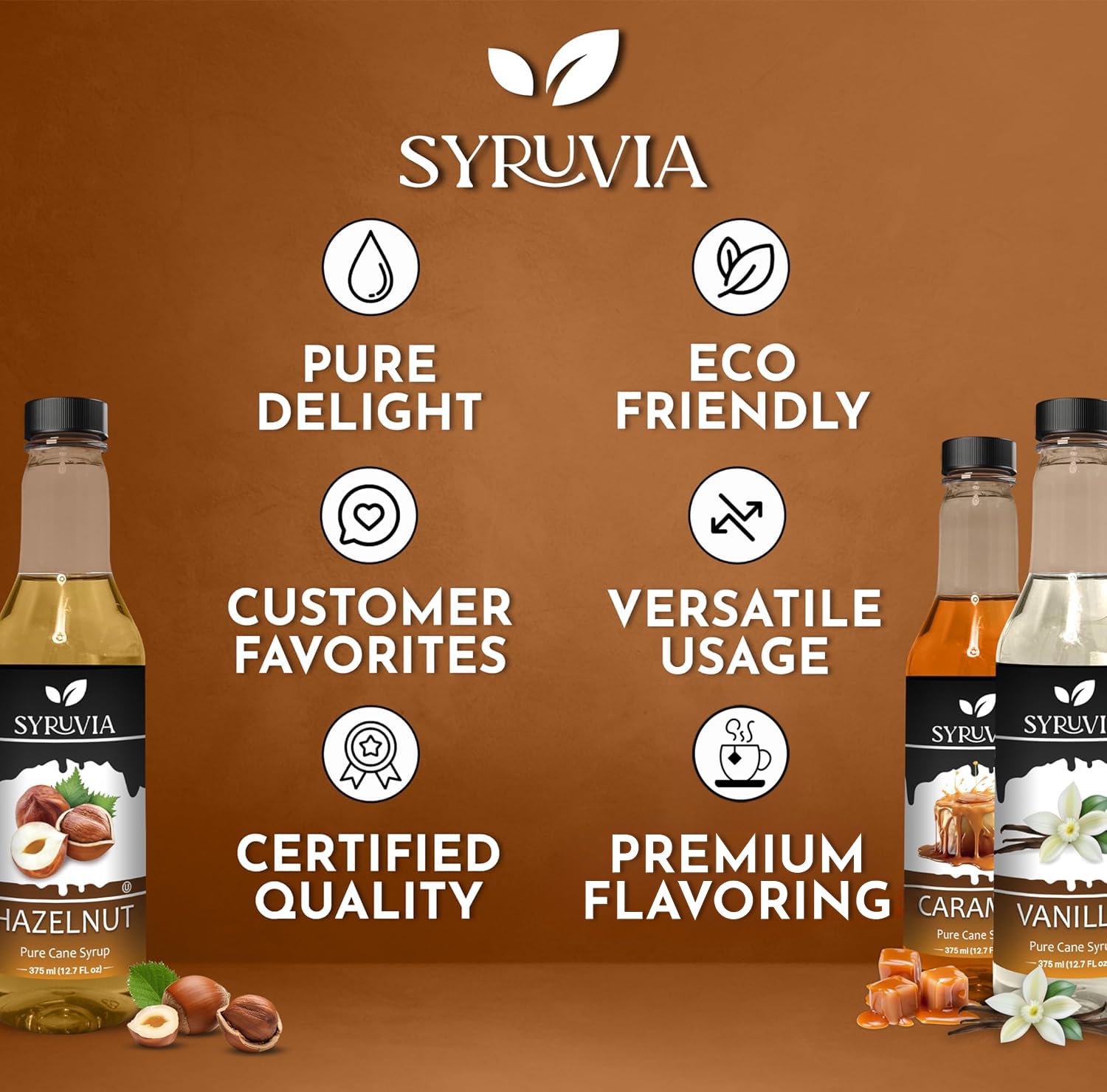 Syruvia Coffee Syrup Variety Pack - 12.7 fl oz Vanilla, Hazelnut & Caramel Flavors for Lattes, Iced Coffee & Cocktails | Barista-Grade Sweetener for Home & Cafe Use
