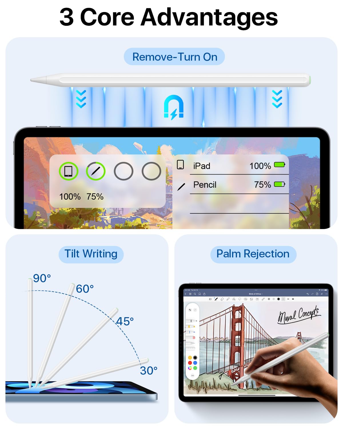 Magnetic Wireless Charging Stylus Pen for iPad - Compatible with iPad Pro 11 (1st/2nd/3rd/4th Gen), iPad Pro 12.9 (3rd/4th/5th/6th Gen), iPad Air 4/5, iPad Mini 6 - Perfect for Drawing, Note Taking & Digital Art