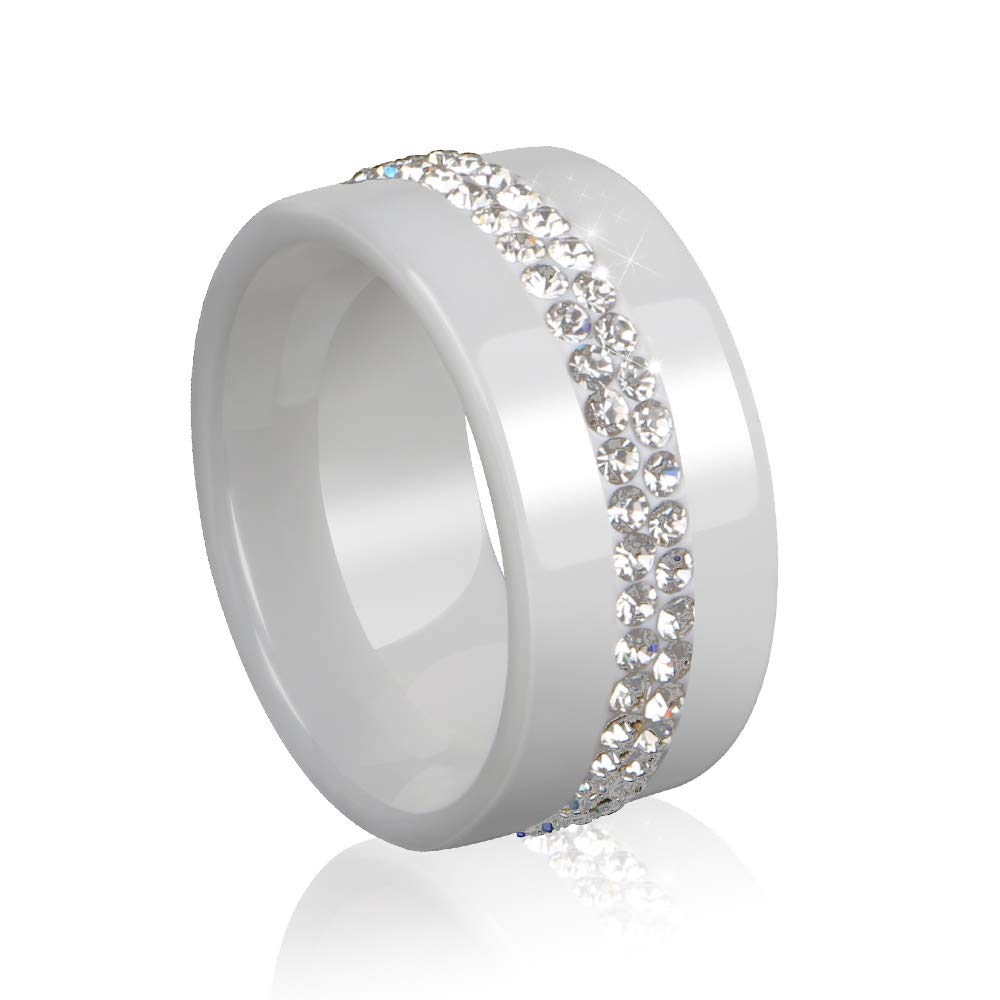 10mm Wide Two Row Crystal Women's Rings - Smooth Black & White Ceramic Jewelry for Wedding, Engagement & Fashion Accessories | Elegant Gift for Her