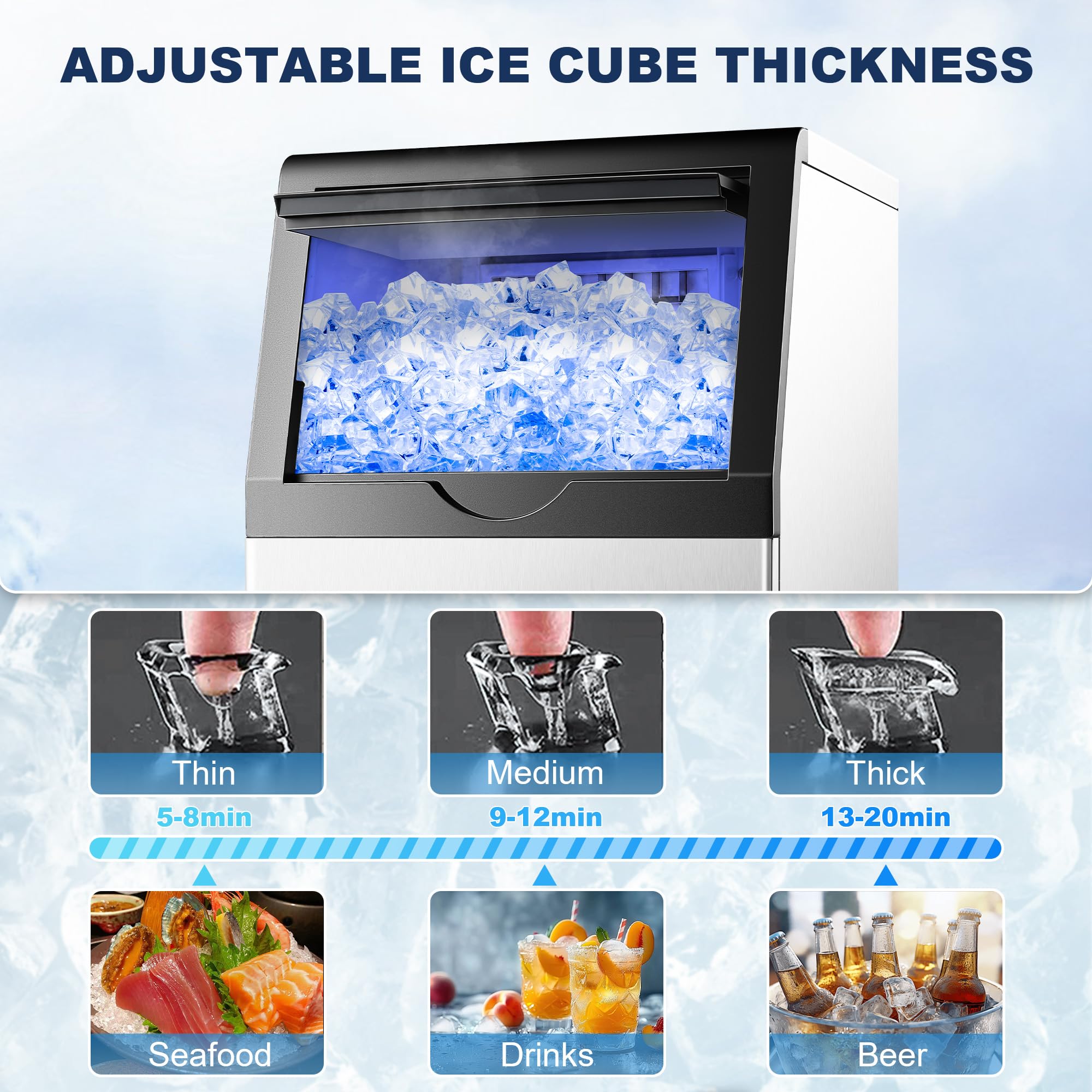 Commercial Ice Maker Machine - 110LBS/24H Stainless Steel Ice Maker with 25LBS Capacity, Produces 45 Ice Cubes in 12-15 Minutes, Self-Cleaning Function - Perfect for Restaurants, Bars, Home Kitchen, Office & Outdoor Parties (Includes Scoop)