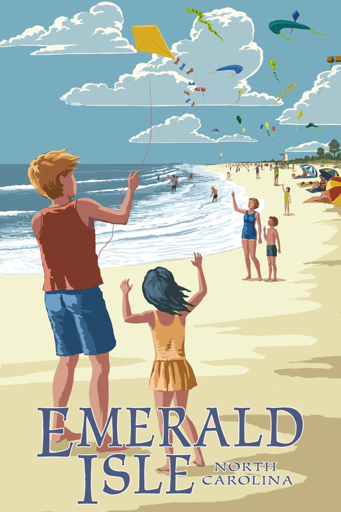 Emerald Isle, North Carolina, Kite Flyers 53634 - Signed 24x36 Art Print, Wall Decor Poster for Living Room, Bedroom & Office