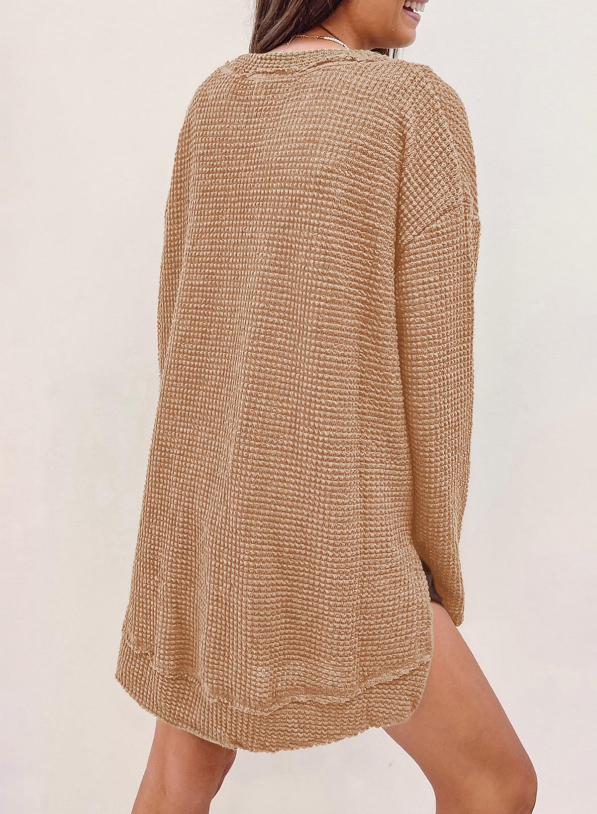 Women's Long Sleeve Oversized Crewneck Sweatshirt - Waffle Knit Casual Top for Spring 2025 | Perfect for Layering, Lounge Wear & Everyday Comfort