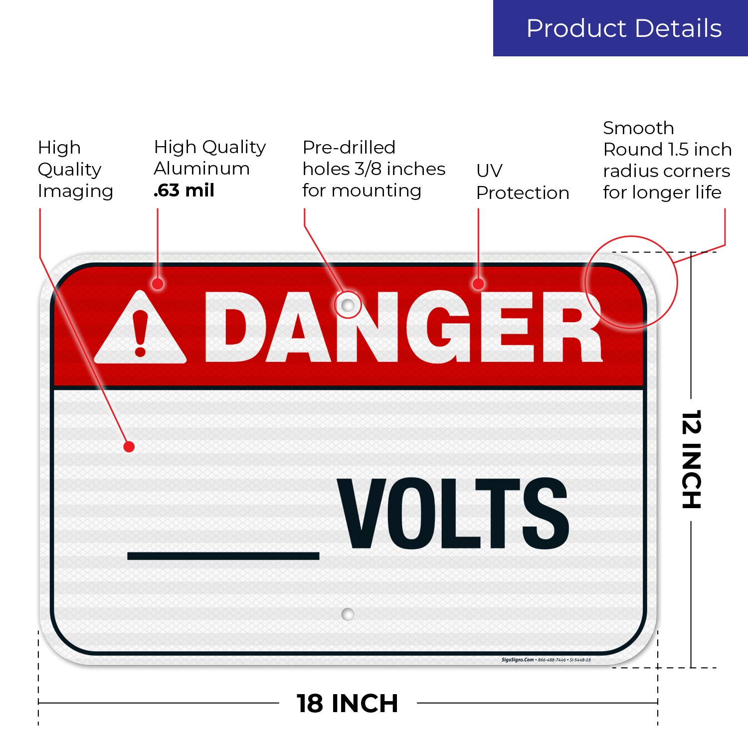 ANSI Danger Sign - 12x18 Inches, 3M EGP Reflective Aluminum, Fade Resistant for Indoor & Outdoor Use | Sigo Signs Volts Sign (SI-5448) | Made in USA | Perfect for Construction Sites, Warehouses & Hazardous Areas