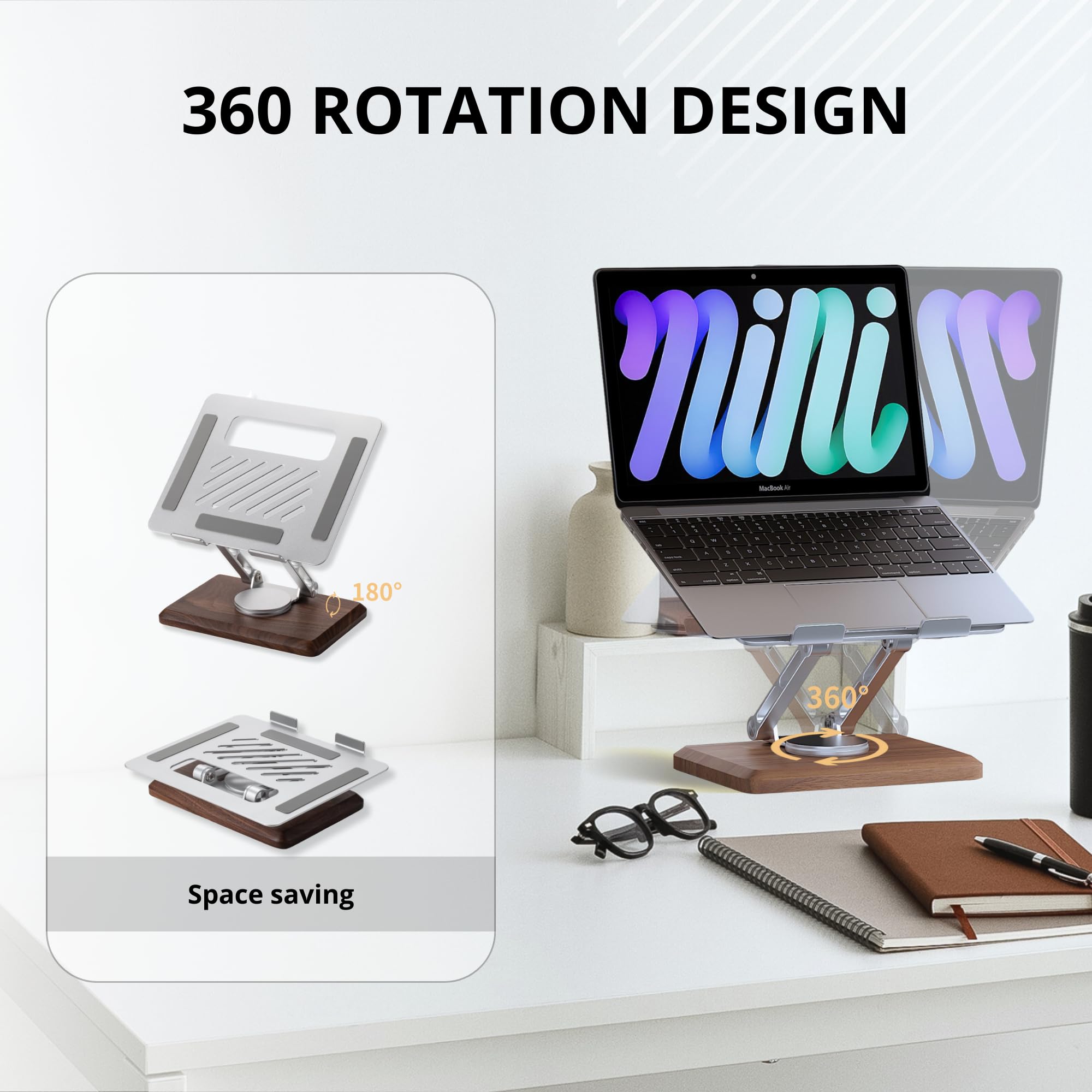 Premium Walnut Wood Laptop Stand for Desk - 360° Rotating Ergonomic Laptop Riser with Ventilated Design, Adjustable Height for 10-17.3 Inch Notebooks - Perfect for Home Office, Gaming & Workspace Setup