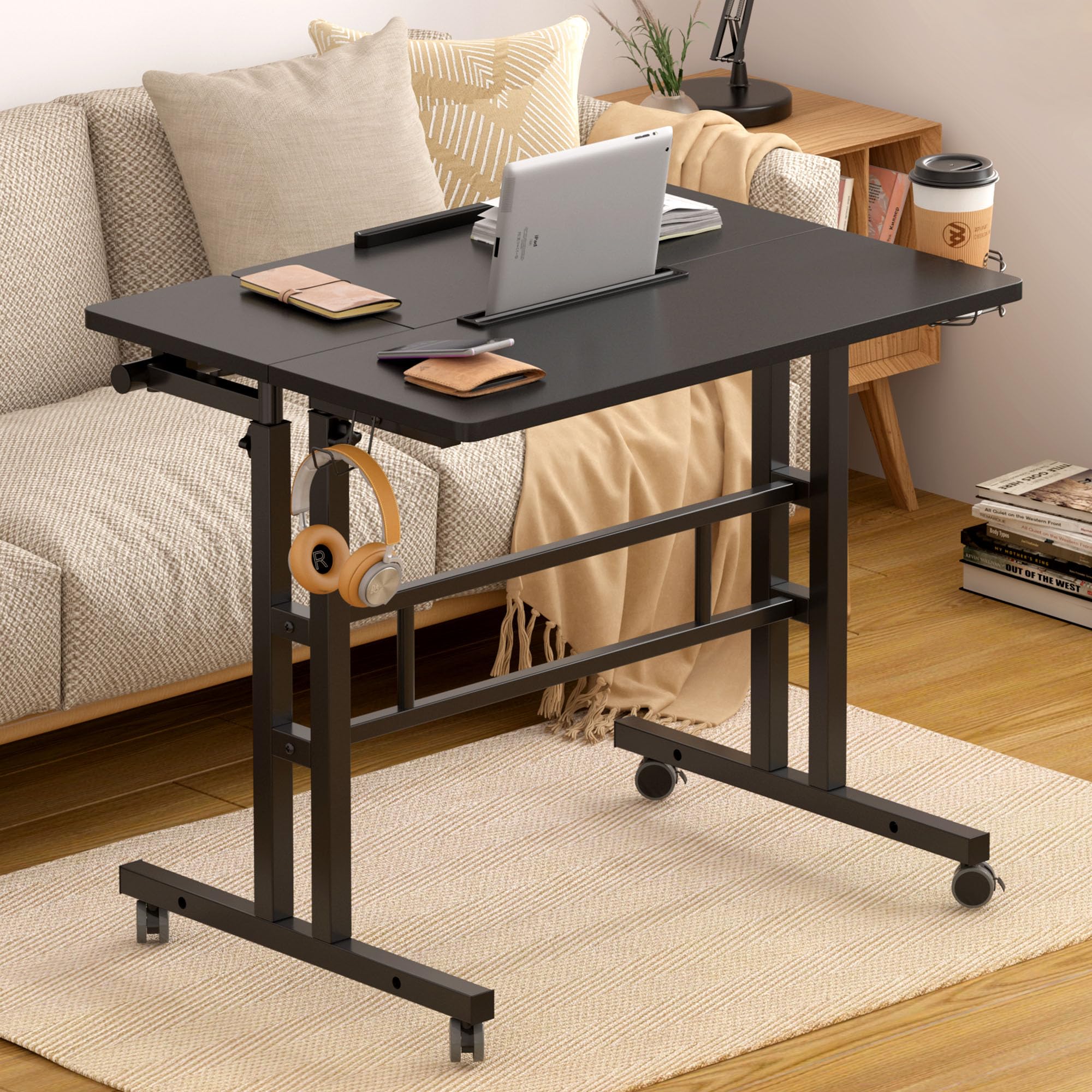SogesPower Adjustable Laptop Stand for Bed & Sofa - 2-Tier Mobile Standing Desk with Cup Holder & Hooks - Portable Computer Table for Home Office, Dorm Room & Small Spaces (Black)