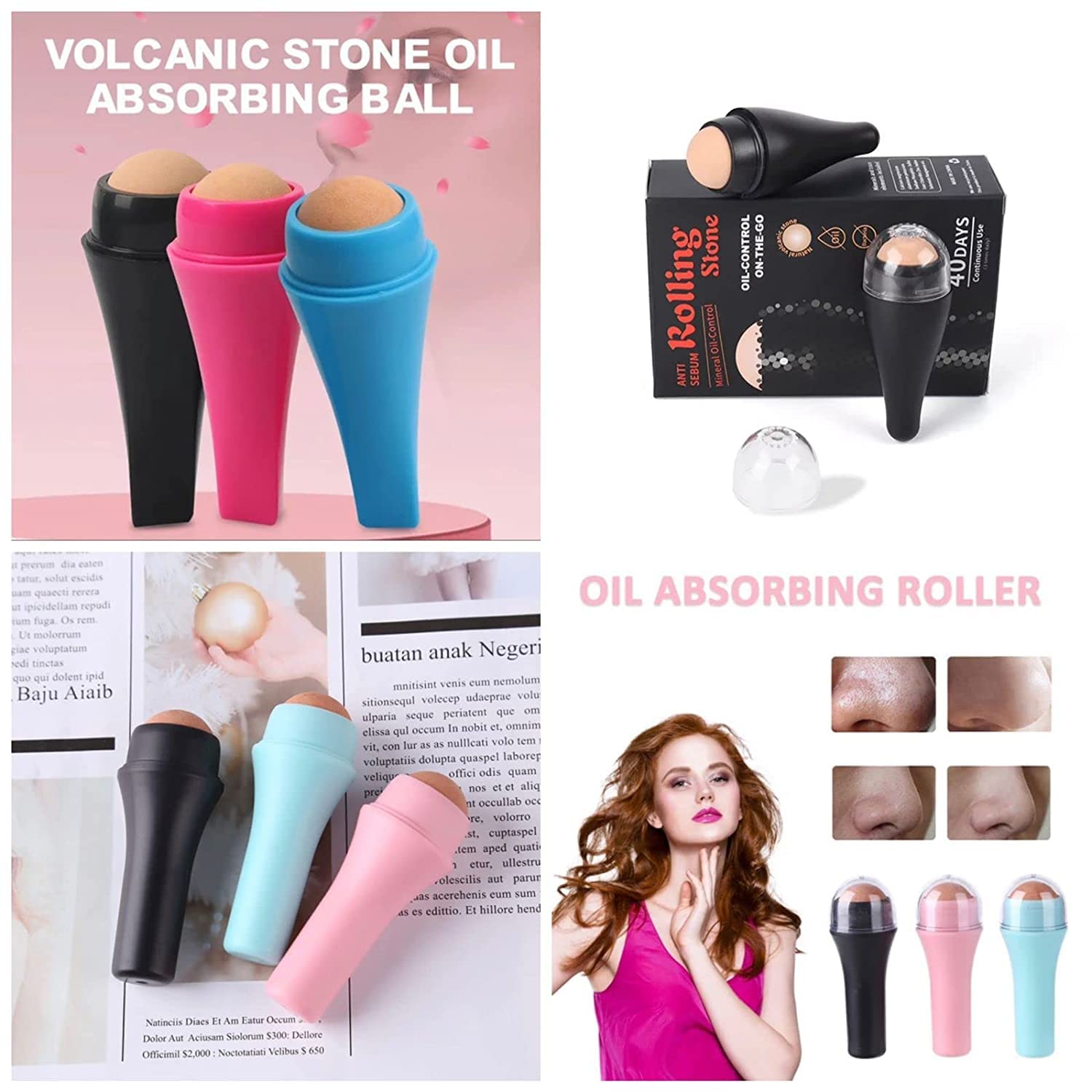Oil-Absorbing Volcanic Stone Face Roller for Oily Skin - Yorten Facial Skincare Tool with Makeup Sponge to Remove Excess Shine | Makeup-Friendly | Perfect for Daily Oil Control, Touch-Ups, and On-the-Go Shine Removal