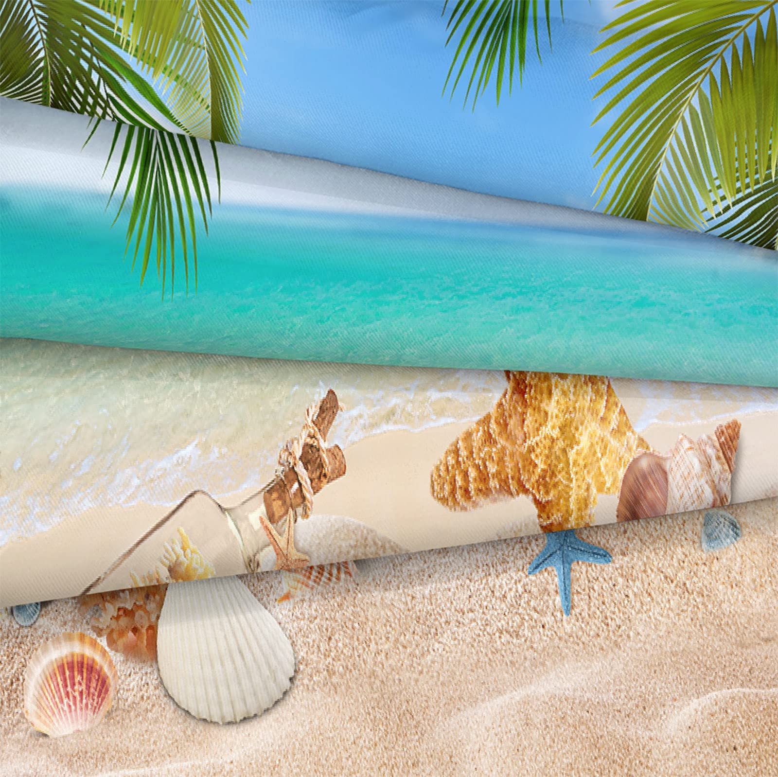 Ocean Beach Themed Queen Size Bedding Set - Tropical Palm Tree Comforter with Conch & Starfish Print | Coastal Style Summer Bedding for Beach House, Vacation Rental & Coastal Decor