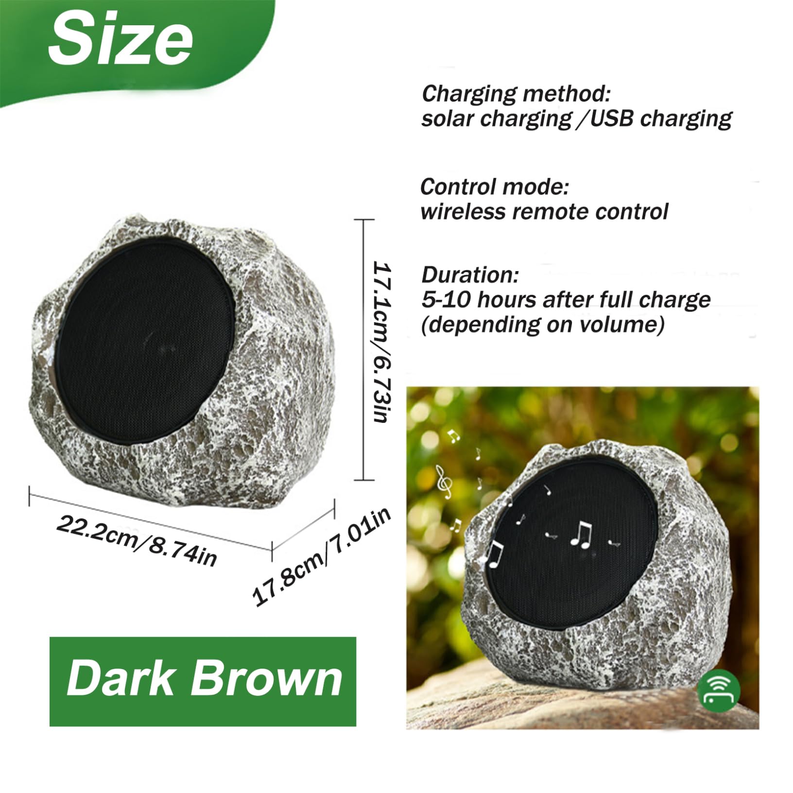 LAANCOO 9X7X7'' Solar-Powered Waterproof Outdoor Rock Speakers - Wireless USB Rechargeable for Garden, Patio, Villa, Park, Camping, Poolside, and Backyard Entertainment