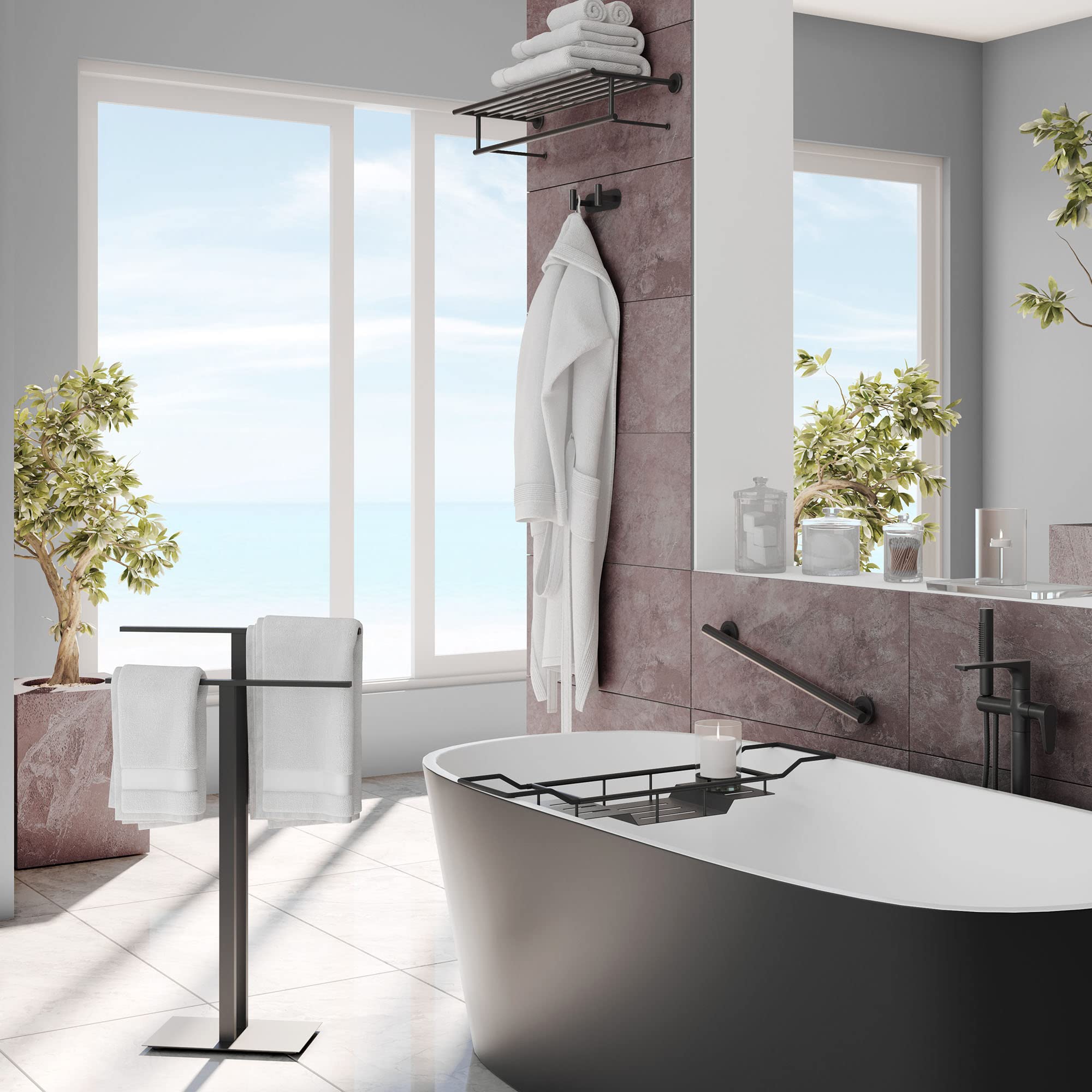 Gatco 1552MX Modern Floor Standing Two-Tier Bathroom Towel Rack Holder - Matte Black Finish for Bathroom, Spa, and Luxury Hotel Decor