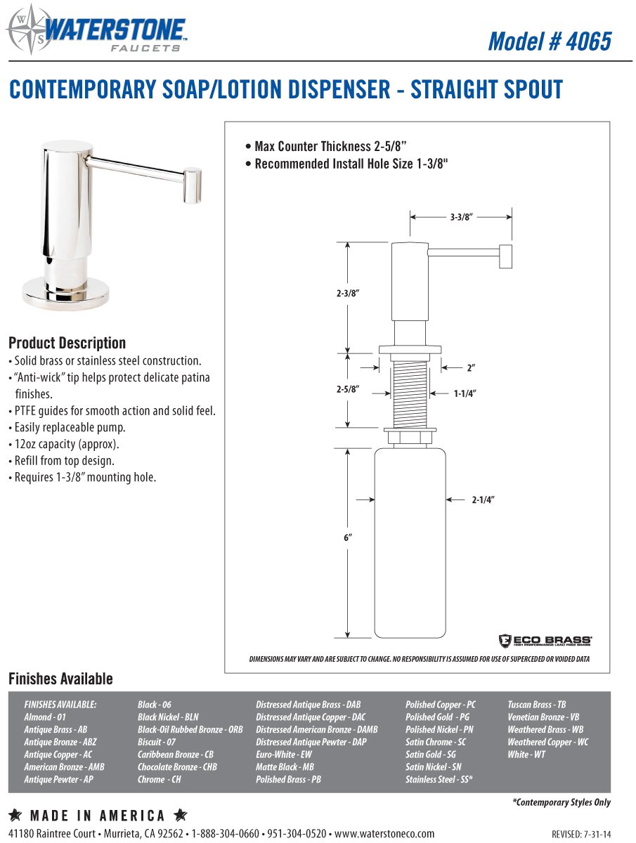 Waterstone 4065-AC Contemporary Straight Spout Soap and Lotion Dispenser - Perfect for Modern Bathrooms, Kitchens, and Offices