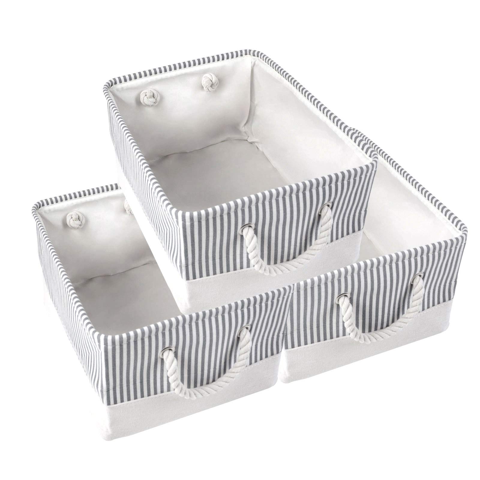 ANMINY 3-Piece Foldable Storage Basket Set - Canvas Stripe Organizer Bin with Cotton Rope Handles for Nursery, Baby Clothes, Toys & Laundry | Small Dark Gray Home Organization Solution for Bedroom, Bathroom & Kids Room
