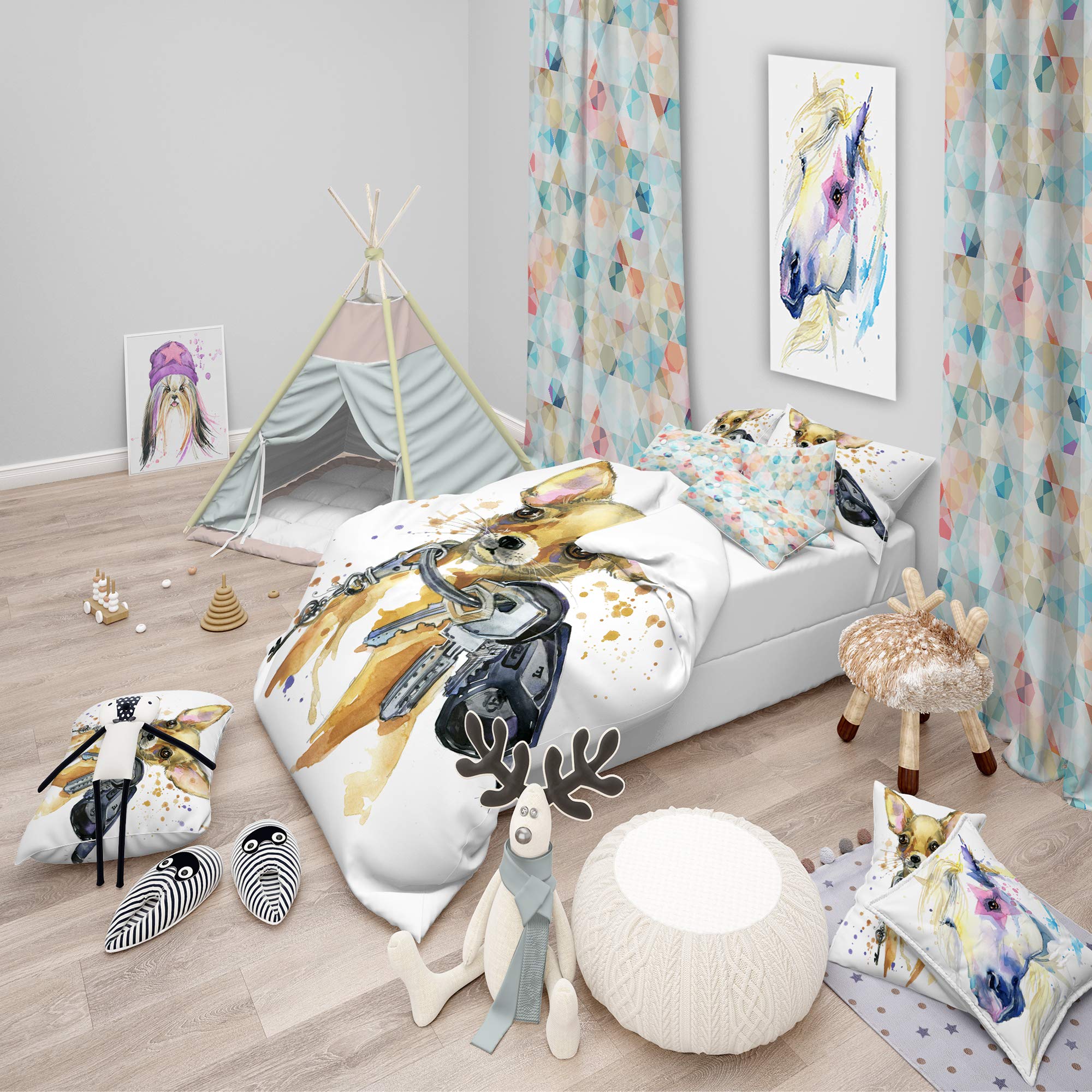 DesignQ Brown Toy Terrier Dog Watercolor Duvet Cover Set - Twin Size 3-Piece Animal Print Bedding | Traditional Style All-Season Comfort | Perfect for Kids' Rooms, Pet Lovers' Bedrooms & Cozy Home Decor