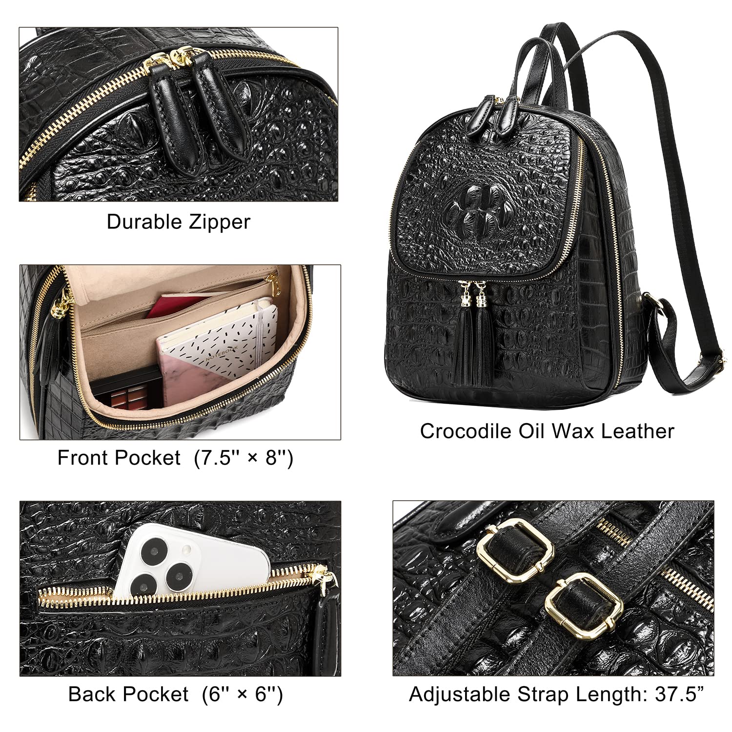 Stylish COOLCY Small Crocodile Leather Backpack Purse for Women - Designer Fashion Handbag (Black) | Perfect for Work, Travel & Daily Use