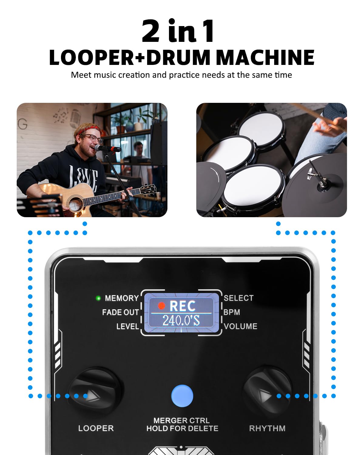 STRICH Stereo Looper Pedal with Built-in Drum Machine - 100 Drum Patterns, 160 Min Recording, USB Audio Transfer, Footswitch Control - Perfect for Guitarists, Live Performances & Music Production