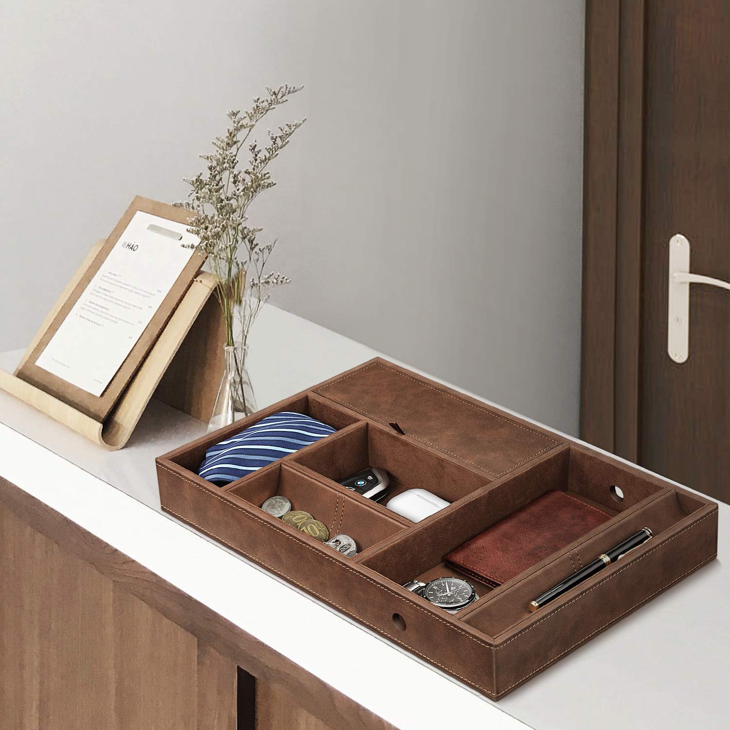 SITHON Valet Tray - 8 Compartment PU Leather Desktop Organizer for Keys, Jewelry, Coins & EDC | Nightstand Catchall Tray for Bedroom, Vanity & Office | Brown Storage Box for Home & Travel Accessories