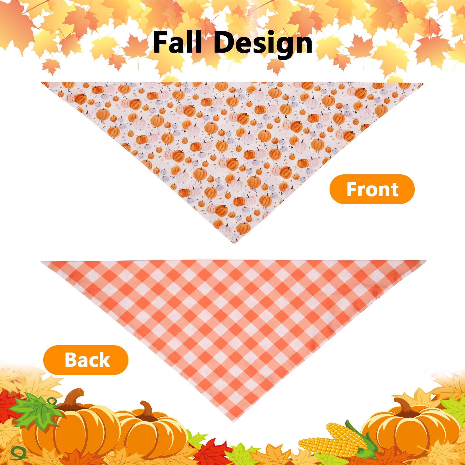 2PCS Fall Dog Bandanas for Large Dogs - Reversible Halloween Thanksgiving Pumpkin & Leaf Bibs Scarf, Buffalo Plaid Triangle Pet Bandana for Medium/Large Breed Puppies | Perfect for Autumn Walks, Pet Photos & Holiday Gifts