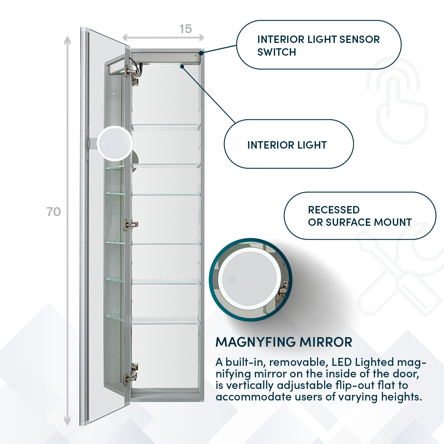 Aquadom Edge Royale 15x70 LED Lighted Medicine Cabinet - Right or Left Hinge Bathroom Mirror with Adjustable Lighting | Perfect for Modern Bathrooms, Vanities & Home Decor