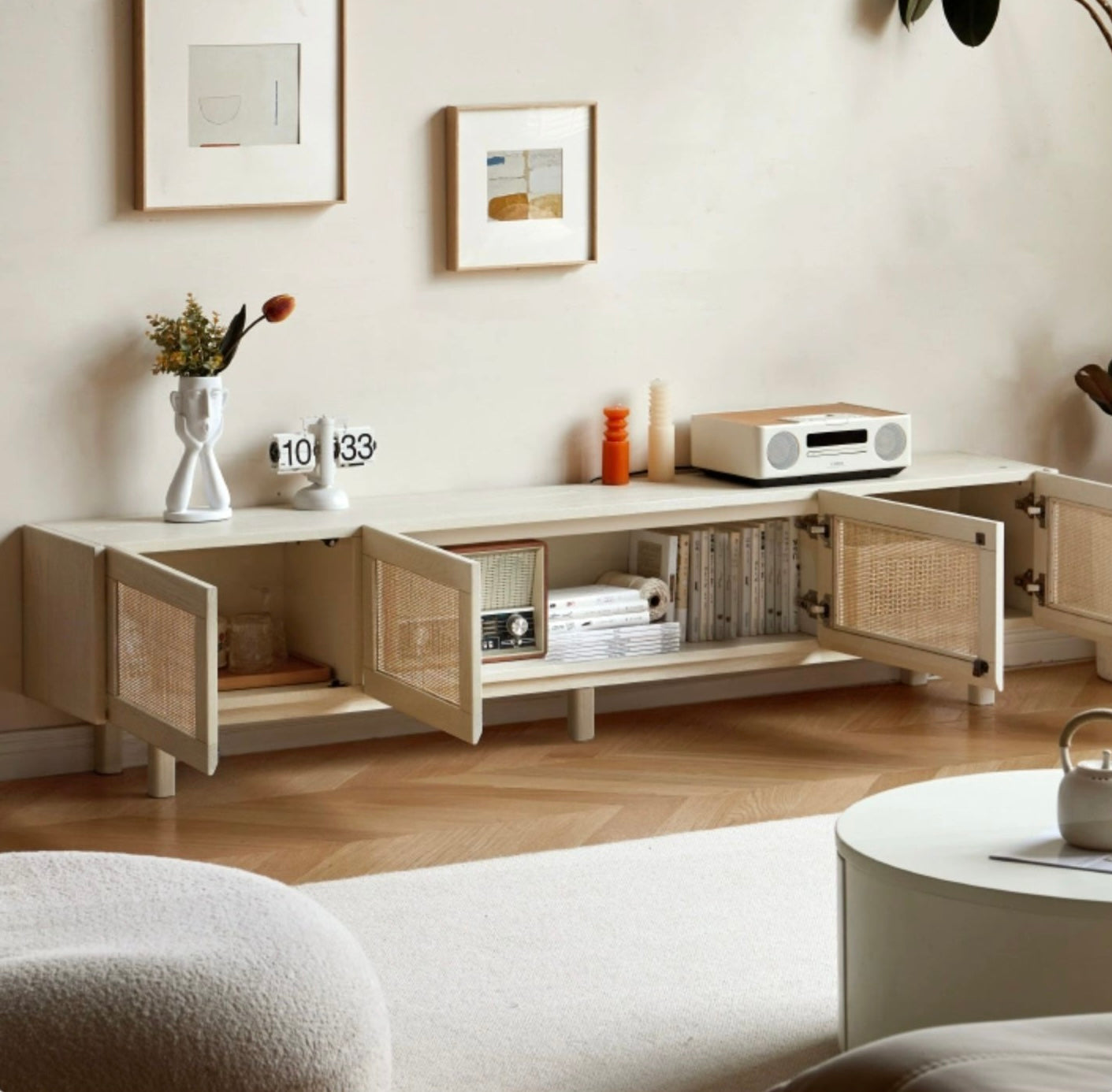 Solid Oak Wood Rattan TV Stand with LED Lights - Modern Cream Style Entertainment Center for Living Room, Bedroom & Home Theater