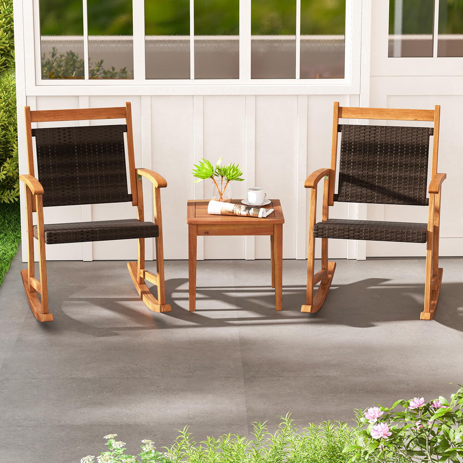Tangkula 3-Piece Acacia Wood Patio Rocking Chair Set with Wicker Rattan Seat & Side Table - Outdoor Garden Furniture for Backyard, Poolside & Relaxation | Perfect for Lounging, Entertaining & Enjoying Summer Evenings