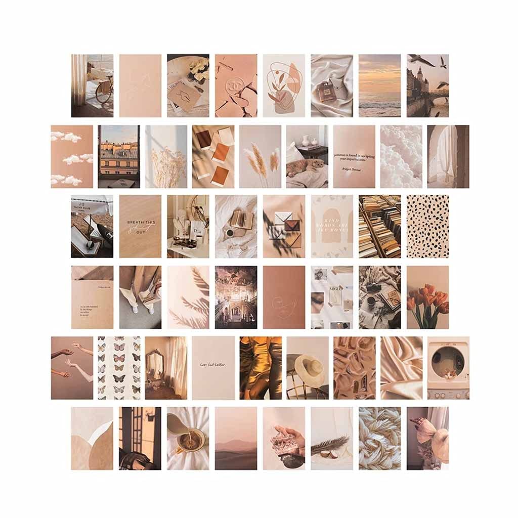 50Pcs Beige Aesthetic Wall Collage Cards - Cream Print Kits for Room Decor | Warm Color Bedroom Wall Art for Girls | Perfect for DIY Photo Walls, Dorm Room Decor & Instagram Aesthetic Backgrounds