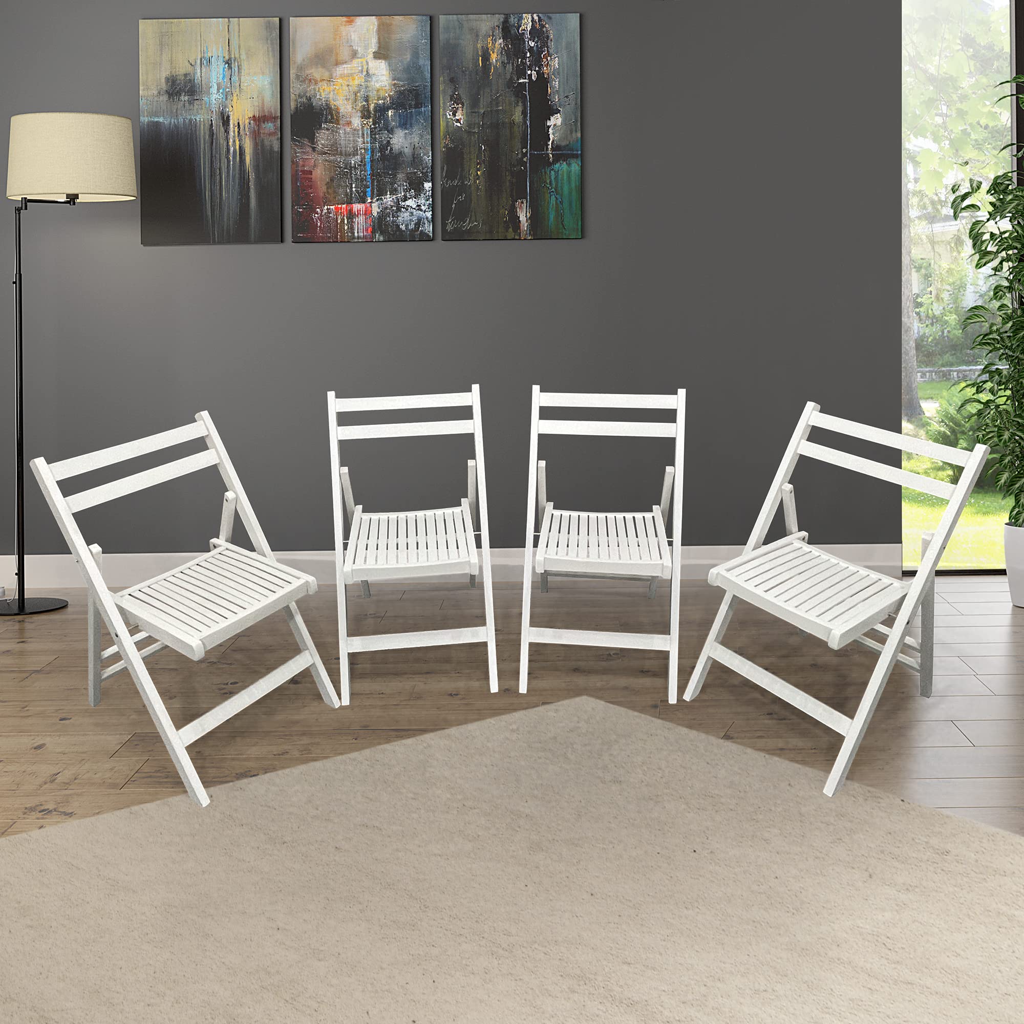 4 Pack Wood Folding Chairs - Portable Stackable Indoor Outdoor Chairs for Wedding, Party, Office, Picnic & Dining - White Commercial Grade Event Seating for Home, Restaurant and Garden Use