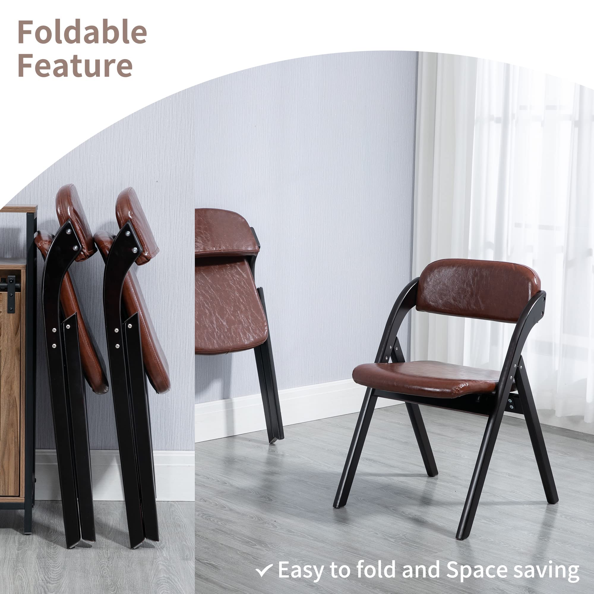 HOMEFUN PU Folding Chairs with Padded Seats - Set of 2 Wooden Stackable Dining Chairs - Easy to Assemble for Kitchen, Office, Wedding & Guest Use - Comfortable Seating for Parties, Events & Home Decor