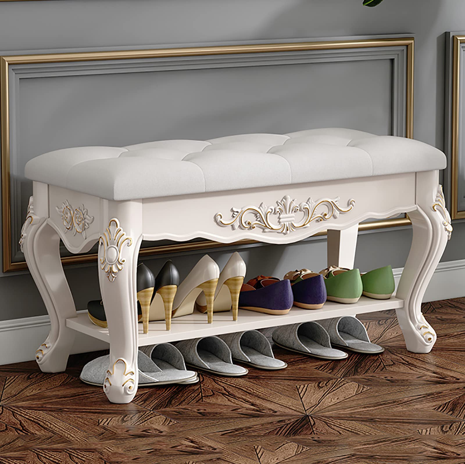 XZFDC European Style Solid Wood Shoe Bench with Leather Cushion - Vintage Entryway Storage Bench for Boots & Shoes (80x32x46cm/31x13x18inch) - Perfect for Foyer, Hallway & Bedroom Organization