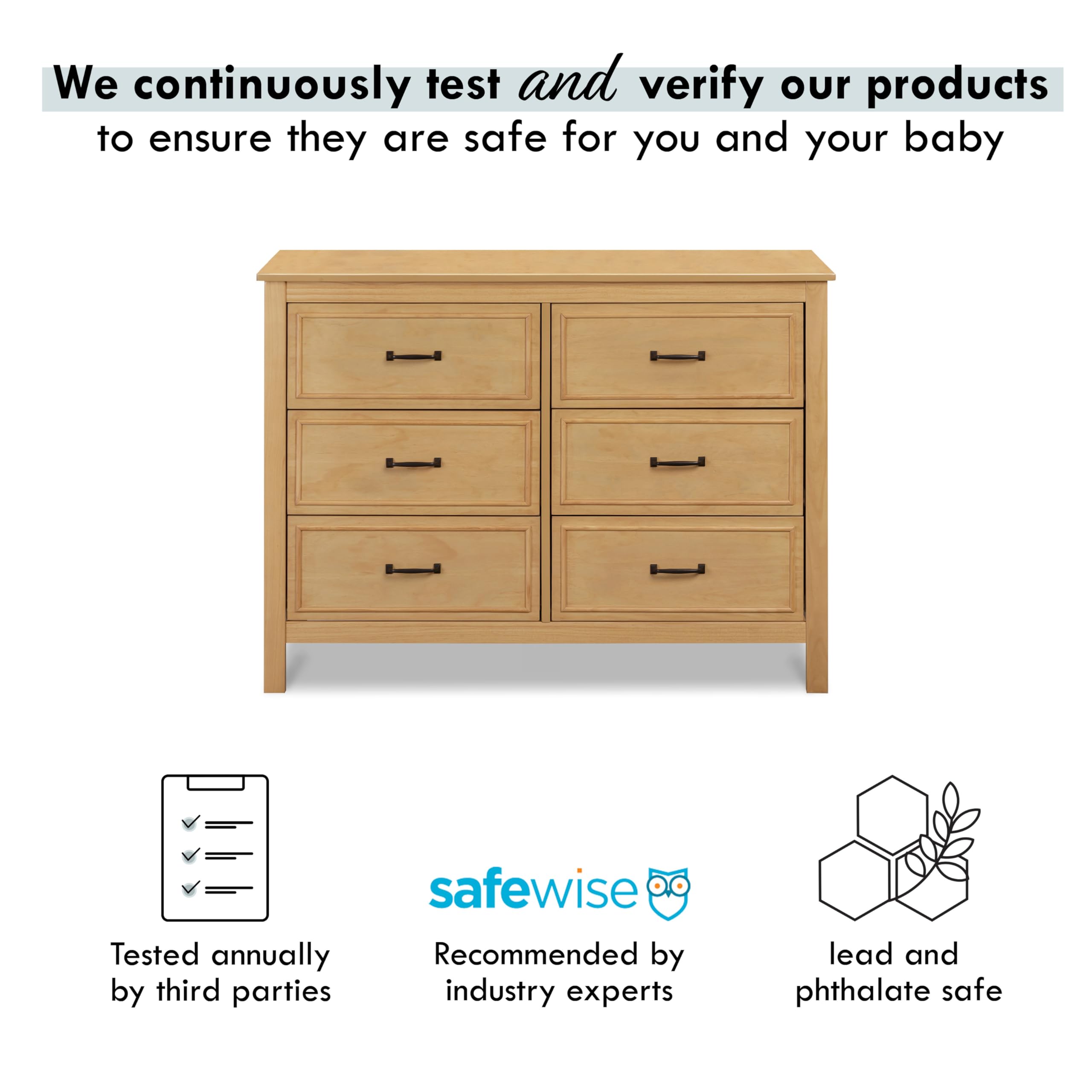 DaVinci Charlie 6-Drawer Double Dresser in Honey Finish - Solid Wood Baby Nursery Dresser with Soft-Close Drawers for Kids Bedroom & Nursery Organization