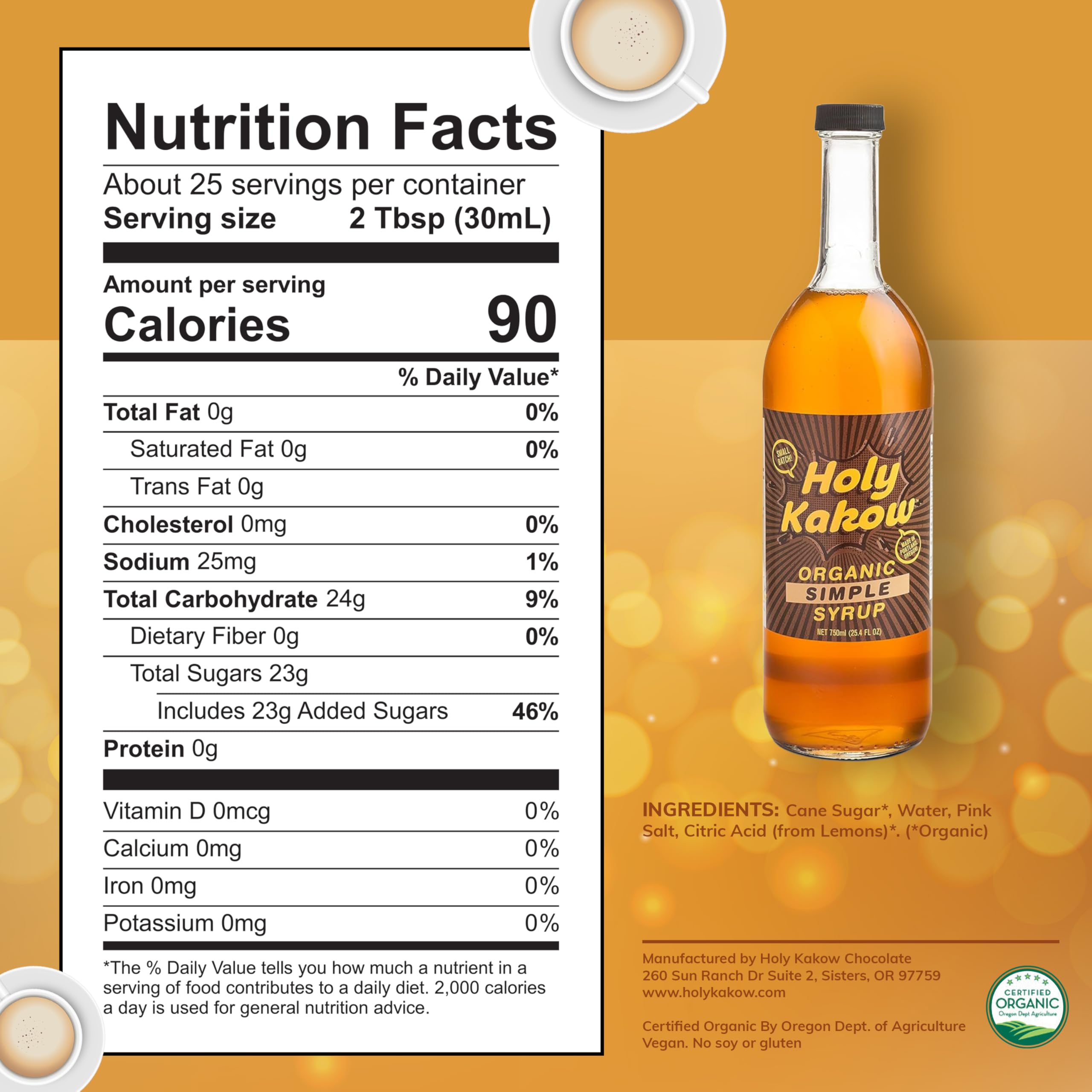 Holy Kakow Organic Cafe Simple Syrup - 750ml | All-Natural Coffee Syrup for Lattes, Cocktails & Shakes | Vegan, Gluten-Free Sweetener with Real Food Ingredients | Perfect for Home Baristas & Mixologists