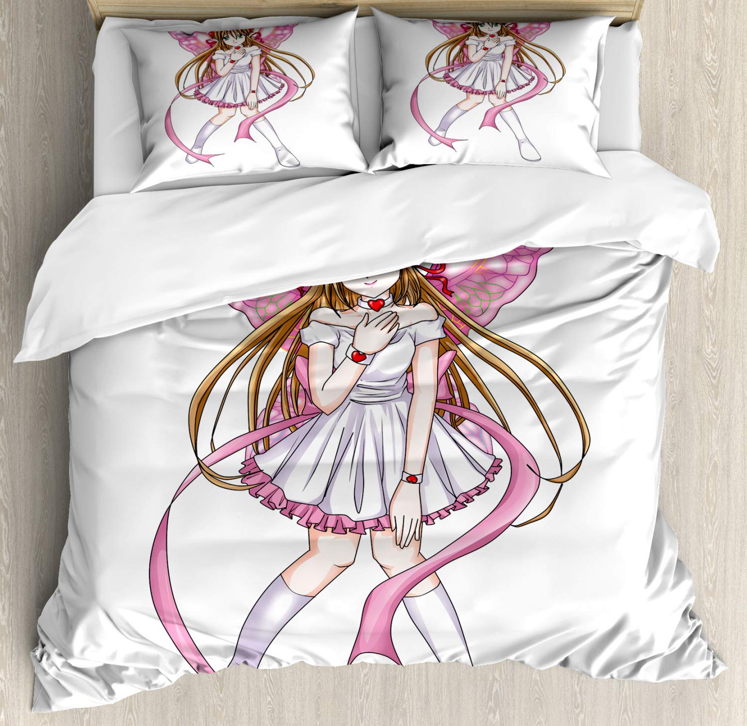 Ambesonne Anime Duvet Cover Set - Queen Size 3 Piece Bedding with 2 Pillow Shams, Cartoon Pixie Character with Hearts & Wings Angel Design, Multicolor Decorative Bedding for Anime Fans & Fantasy Lovers | Perfect for Teens Bedroom, Gift for Anime Enthusiasts, Cozy Home Decor