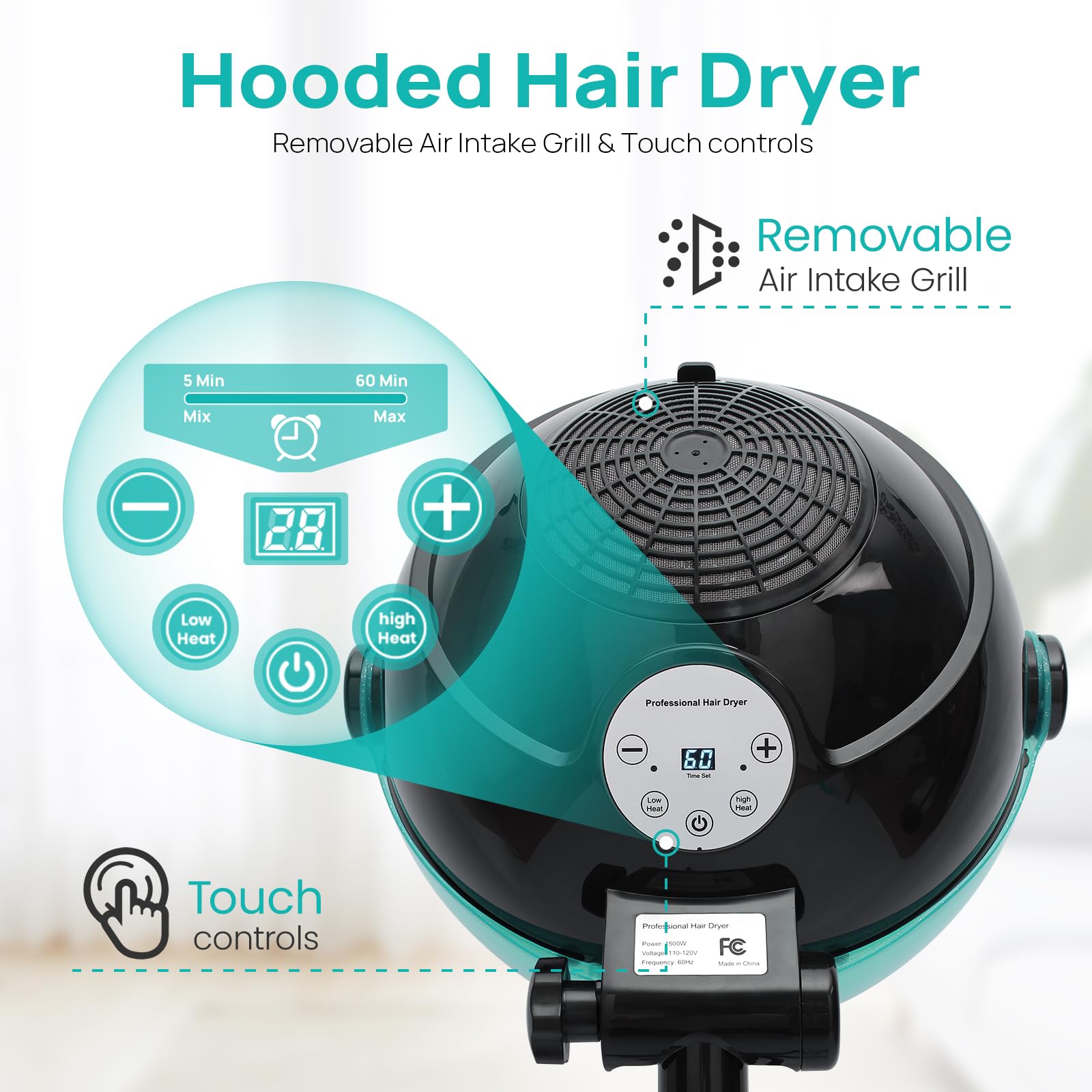 Professional Ionic Hooded Hair Dryer with Digital Display & Touch Controls - 3 Adjustable Temperature Settings for Salon & Home Use - Perfect for Styling, Drying & Volumizing Hair