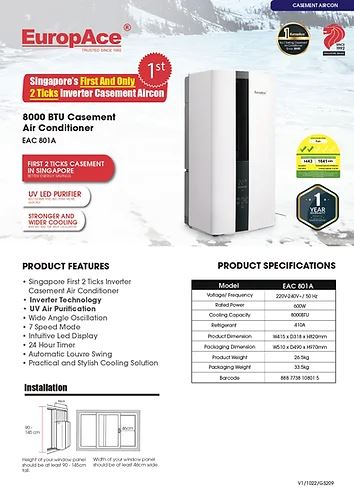 EuropAce EAC 801A 8000 BTU Energy Efficient 2-Tick Casement Air Conditioner - Perfect for Bedrooms, Small Apartments & Office Cooling