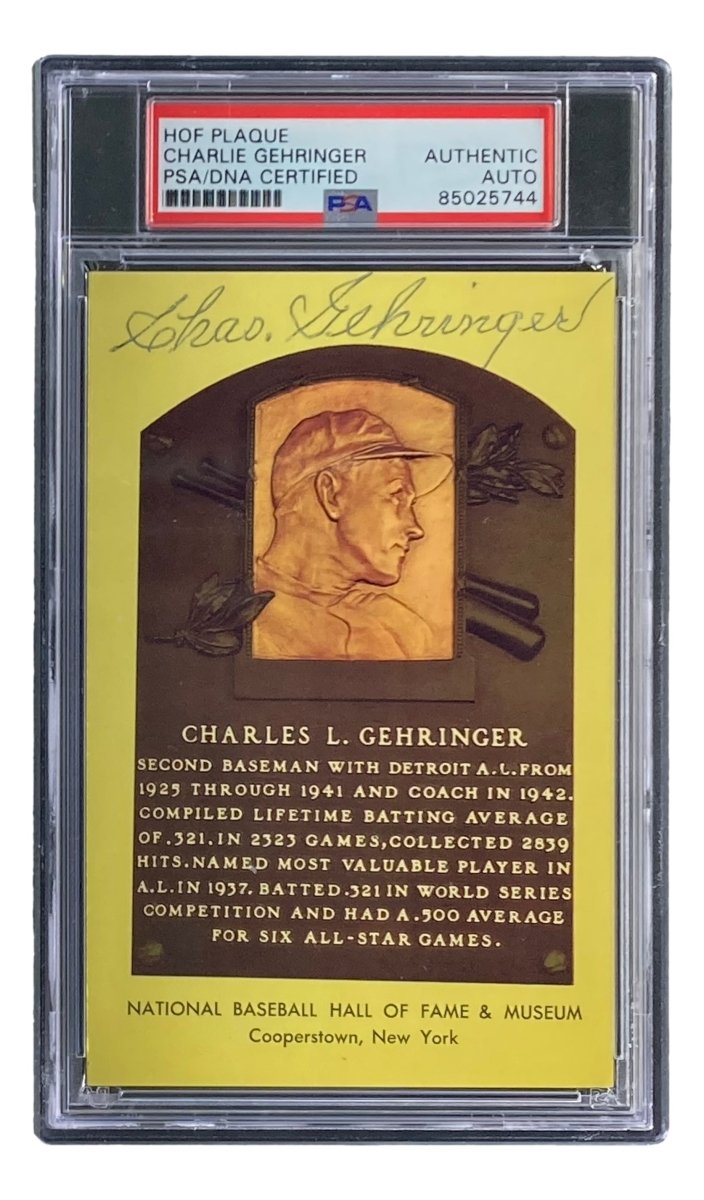 Charlie Gehringer Autographed 4x6 Detroit Tigers Hall of Fame Plaque Card with PSA/DNA Certification #85025744 - Perfect for Baseball Memorabilia Collectors and Tigers Fans Display