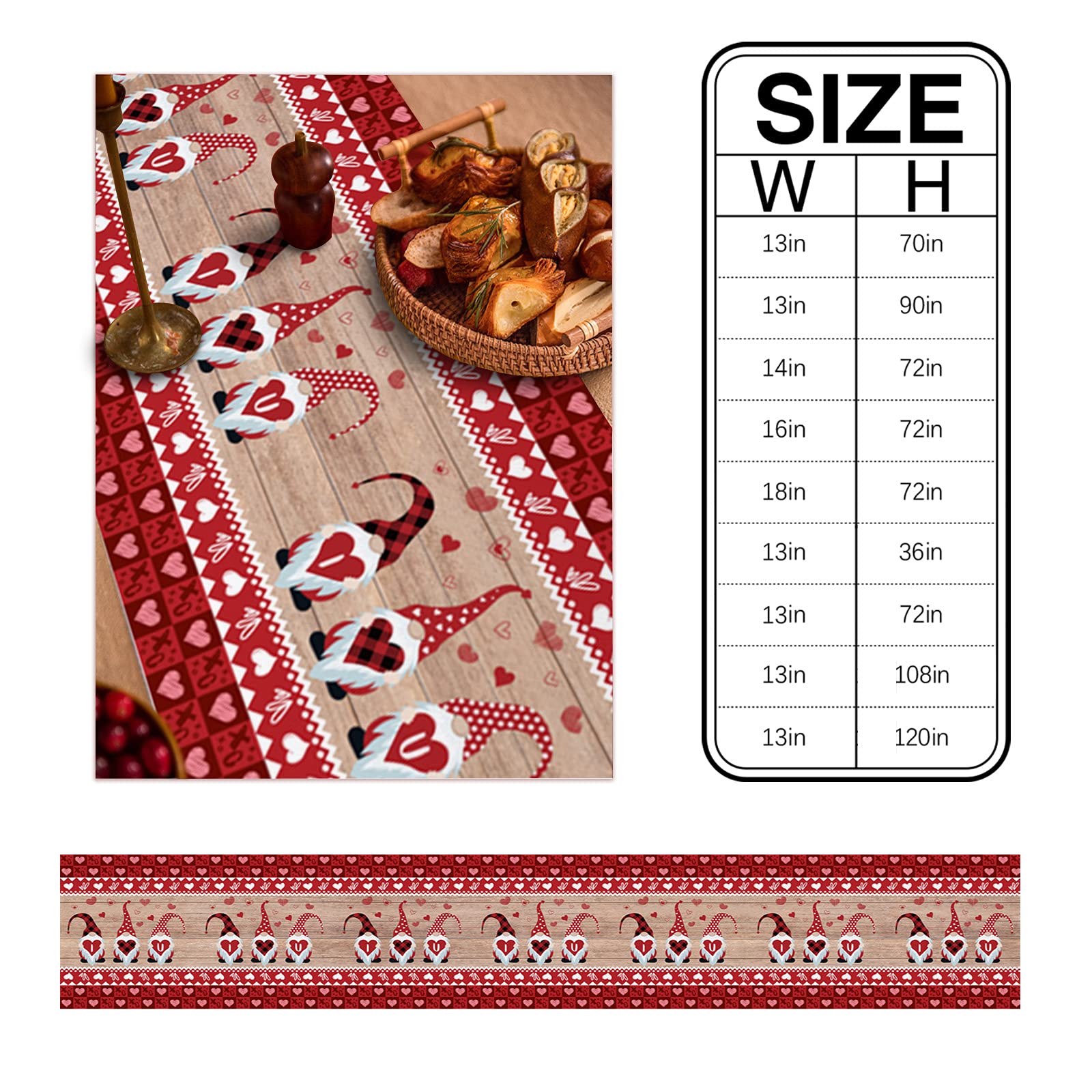 72 Inch Long Rustic Wood Table Runner with Valentine's Day Gnomes & Love Hearts - Perfect for Kitchen, Dining Table, Coffee Table Decor - Ideal for Parties, Home Decor, Holiday Celebrations (13x72 Inches)